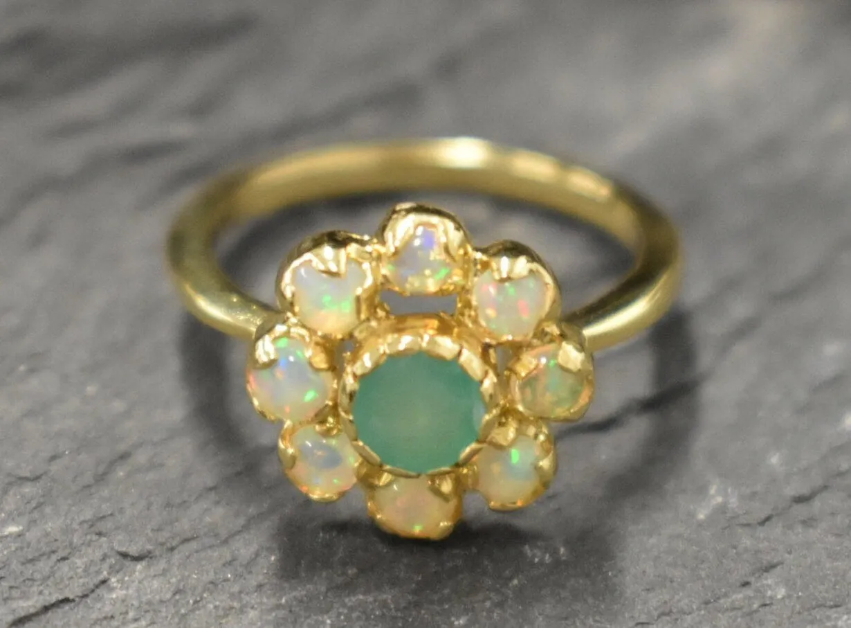 Emerald Flower Gold Ring, Natural Emerald Ring, Gold Flower Ring