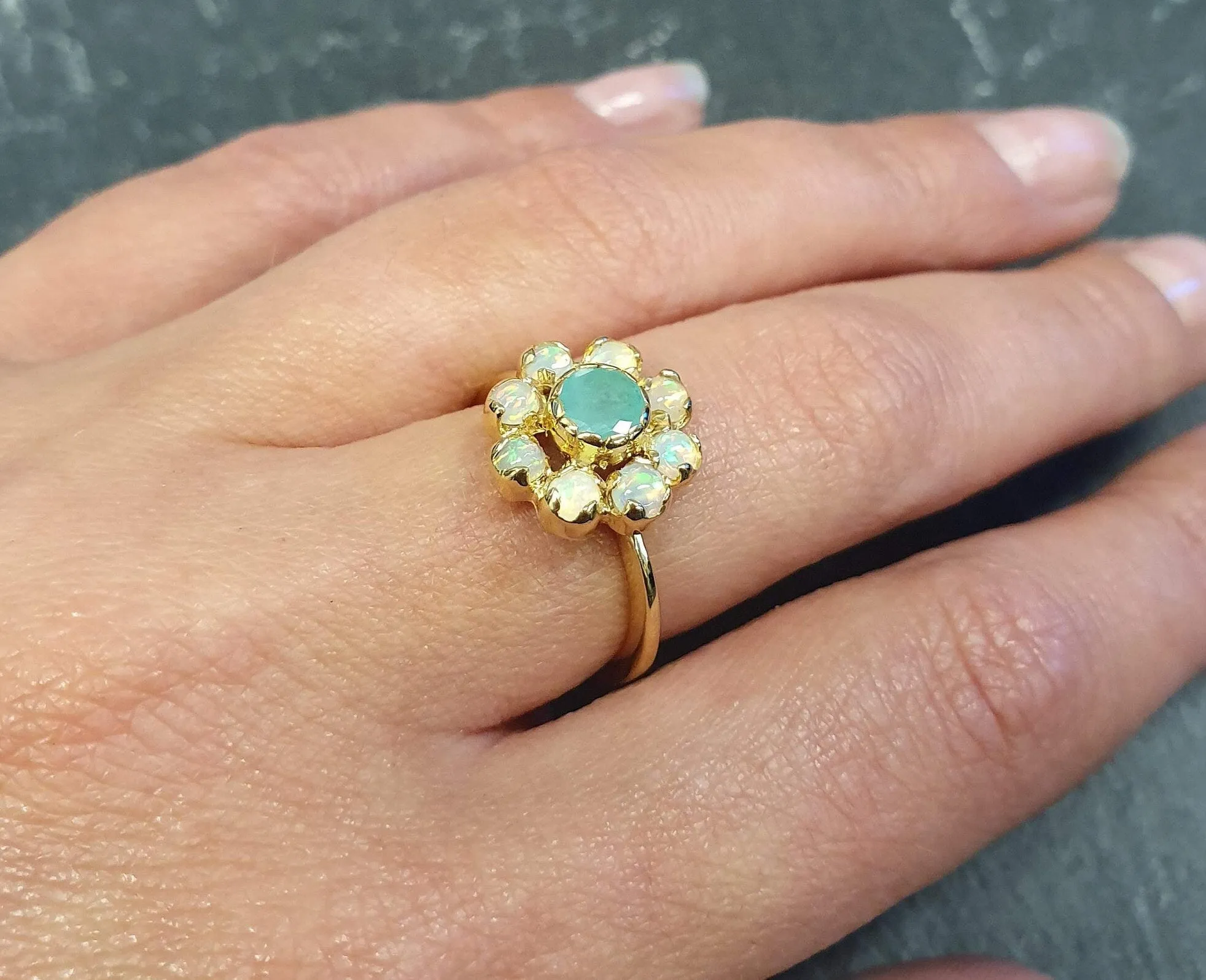 Emerald Flower Gold Ring, Natural Emerald Ring, Gold Flower Ring