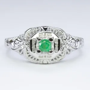 EMERALD STERLING SILVER VINTAGE STYLE COCKTAIL RING FILIGREE DAINTY ROUND GREEN