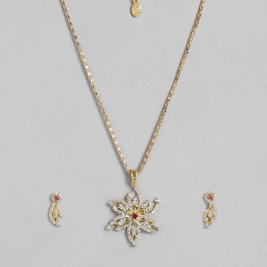 Estele - 24CT gold plated flower Pendant set with Austrian Crystals and ruby stones