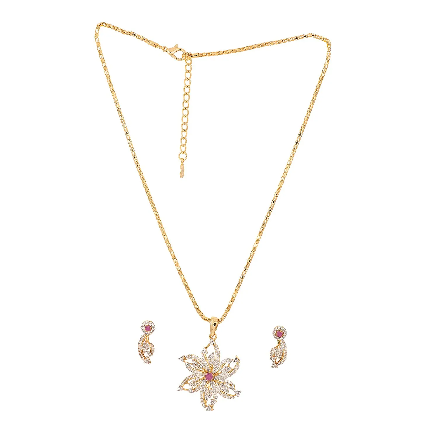 Estele - 24CT gold plated flower Pendant set with Austrian Crystals and ruby stones