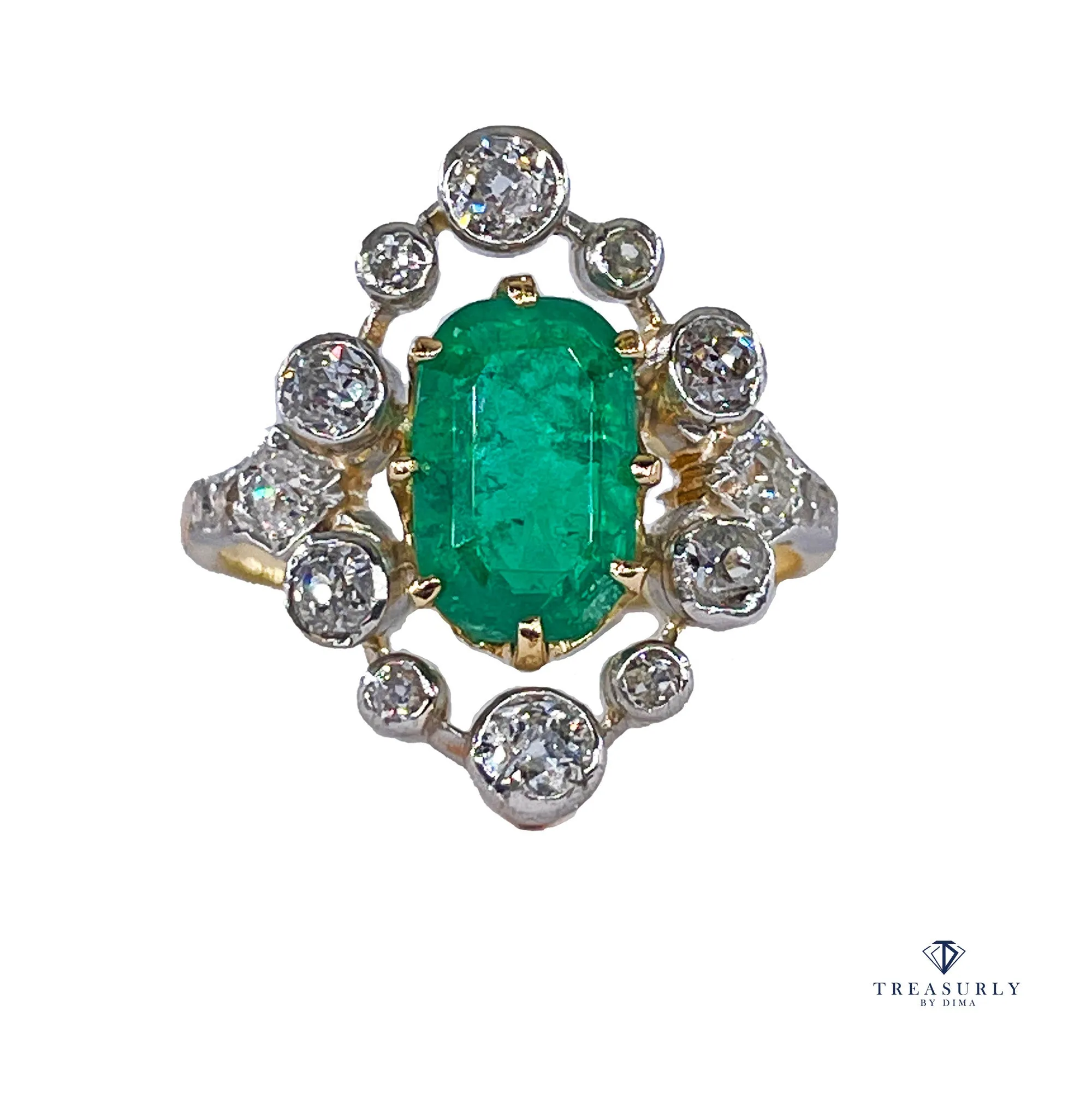 Fine Edwardian 3.28ctw GIA COLOMBIA Green Emerald and OLD European Cut Diamond 18K Platinum Ring