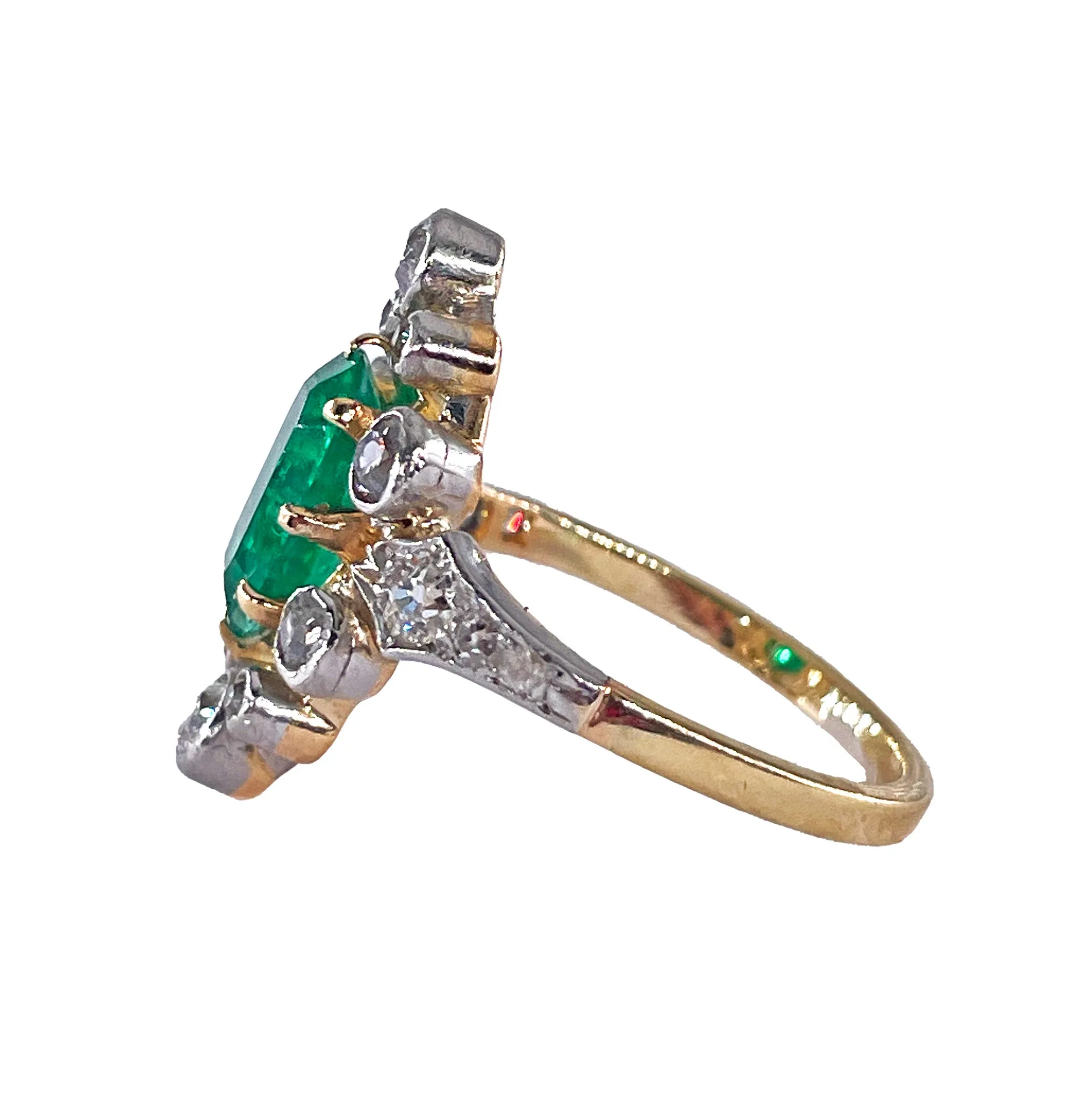 Fine Edwardian 3.28ctw GIA COLOMBIA Green Emerald and OLD European Cut Diamond 18K Platinum Ring