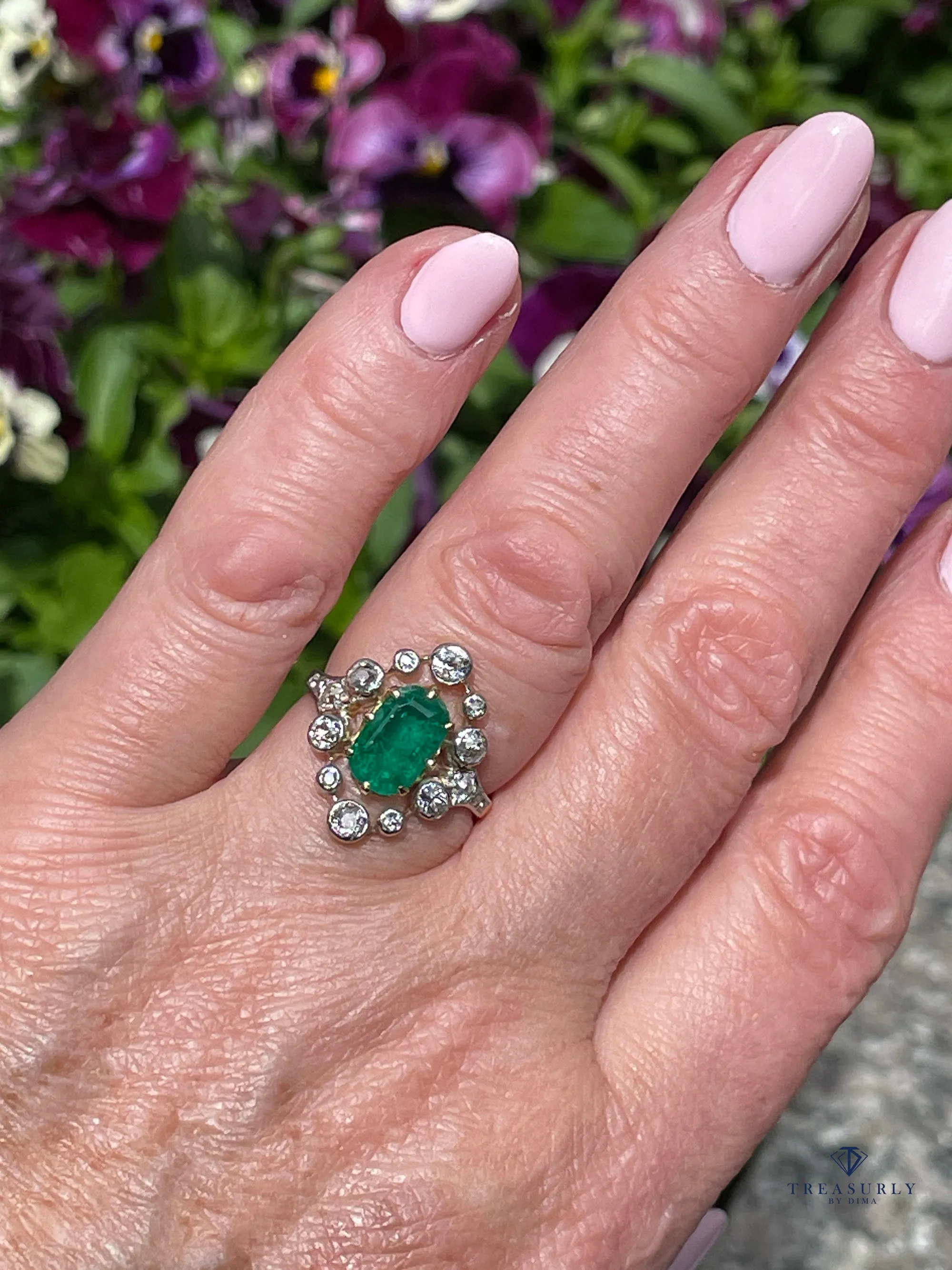 Fine Edwardian 3.28ctw GIA COLOMBIA Green Emerald and OLD European Cut Diamond 18K Platinum Ring