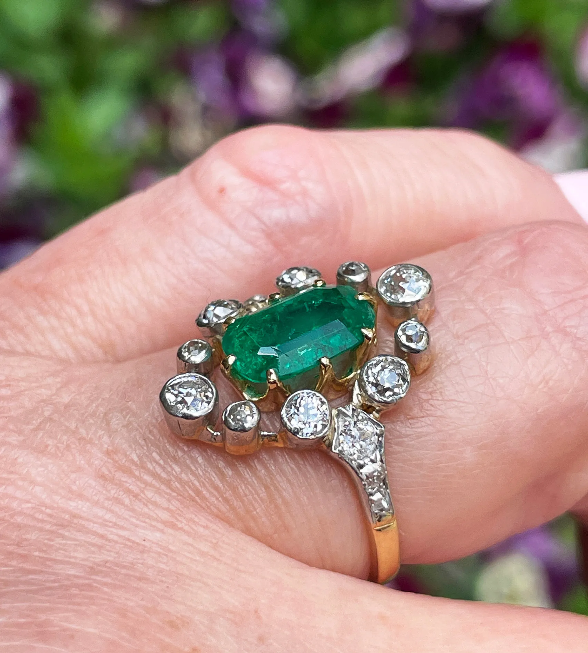 Fine Edwardian 3.28ctw GIA COLOMBIA Green Emerald and OLD European Cut Diamond 18K Platinum Ring