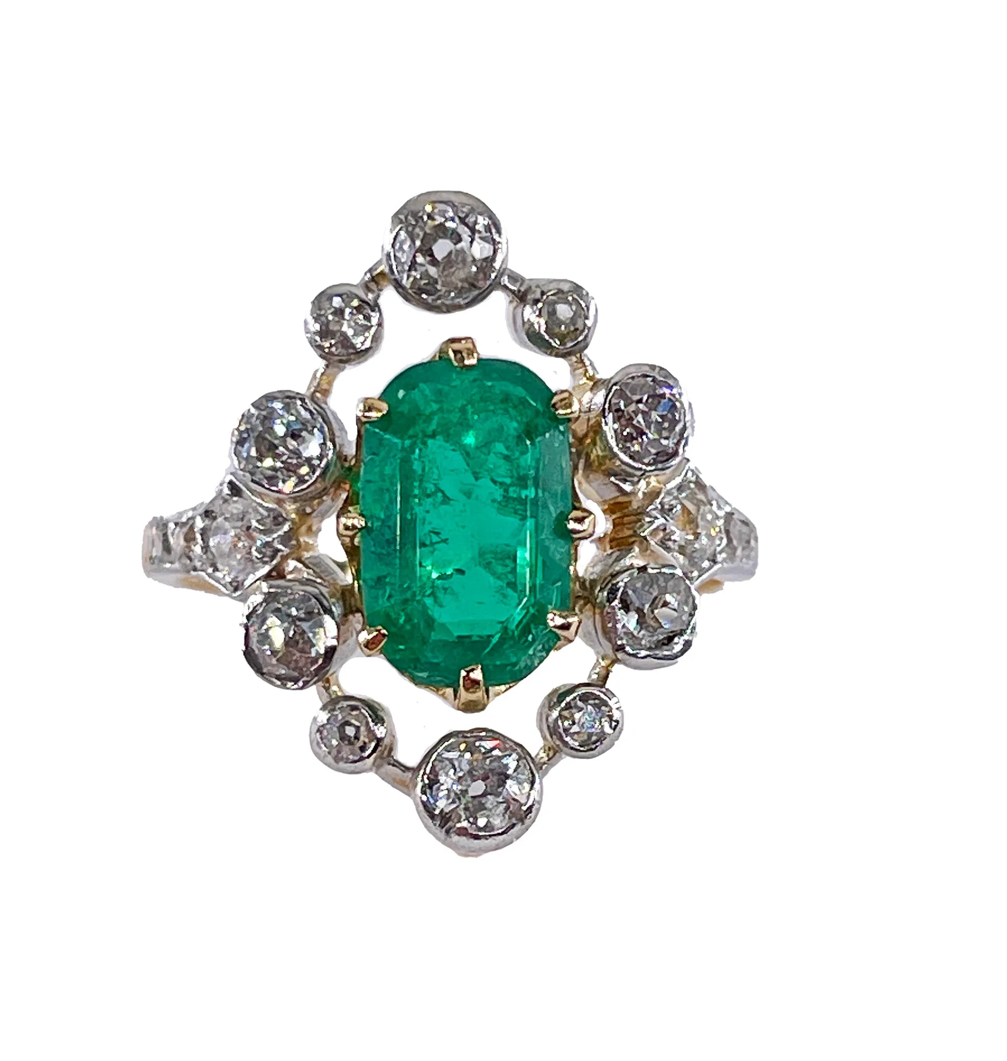 Fine Edwardian 3.28ctw GIA COLOMBIA Green Emerald and OLD European Cut Diamond 18K Platinum Ring