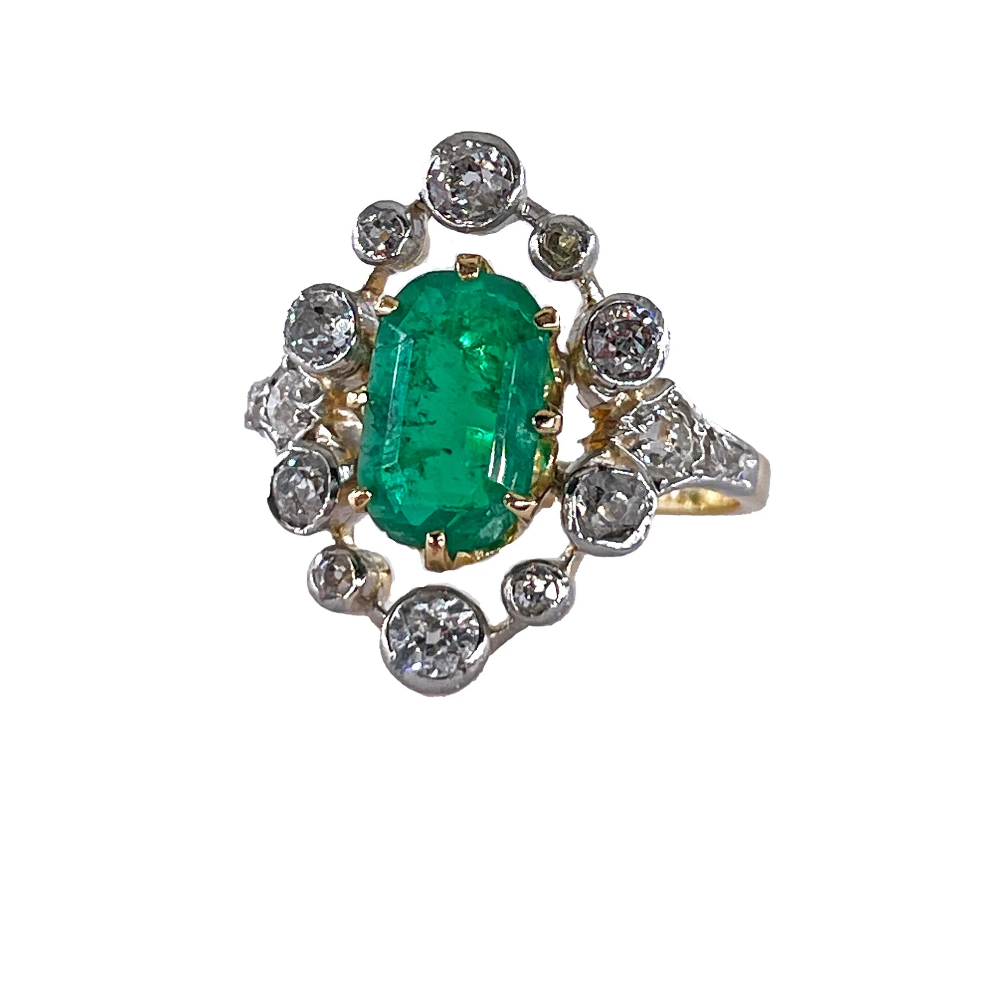 Fine Edwardian 3.28ctw GIA COLOMBIA Green Emerald and OLD European Cut Diamond 18K Platinum Ring