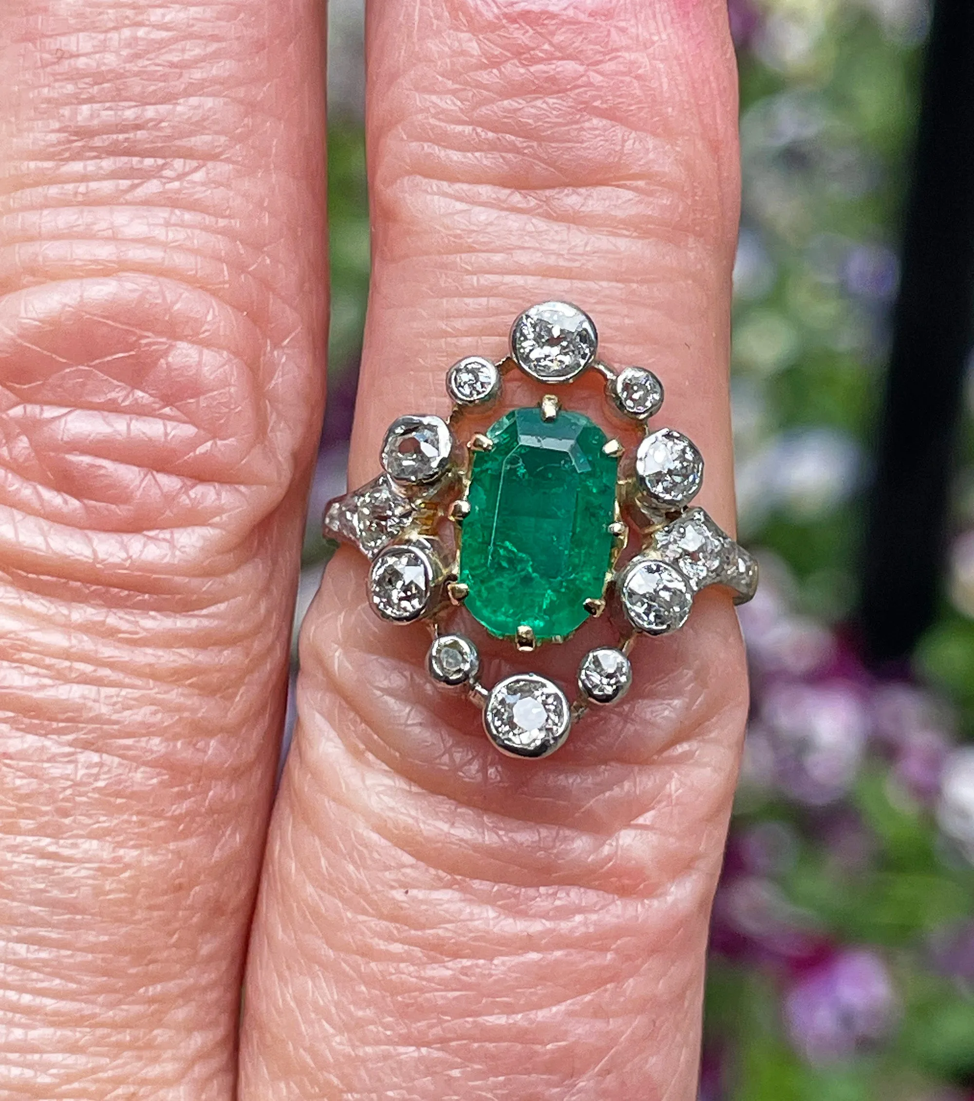 Fine Edwardian 3.28ctw GIA COLOMBIA Green Emerald and OLD European Cut Diamond 18K Platinum Ring