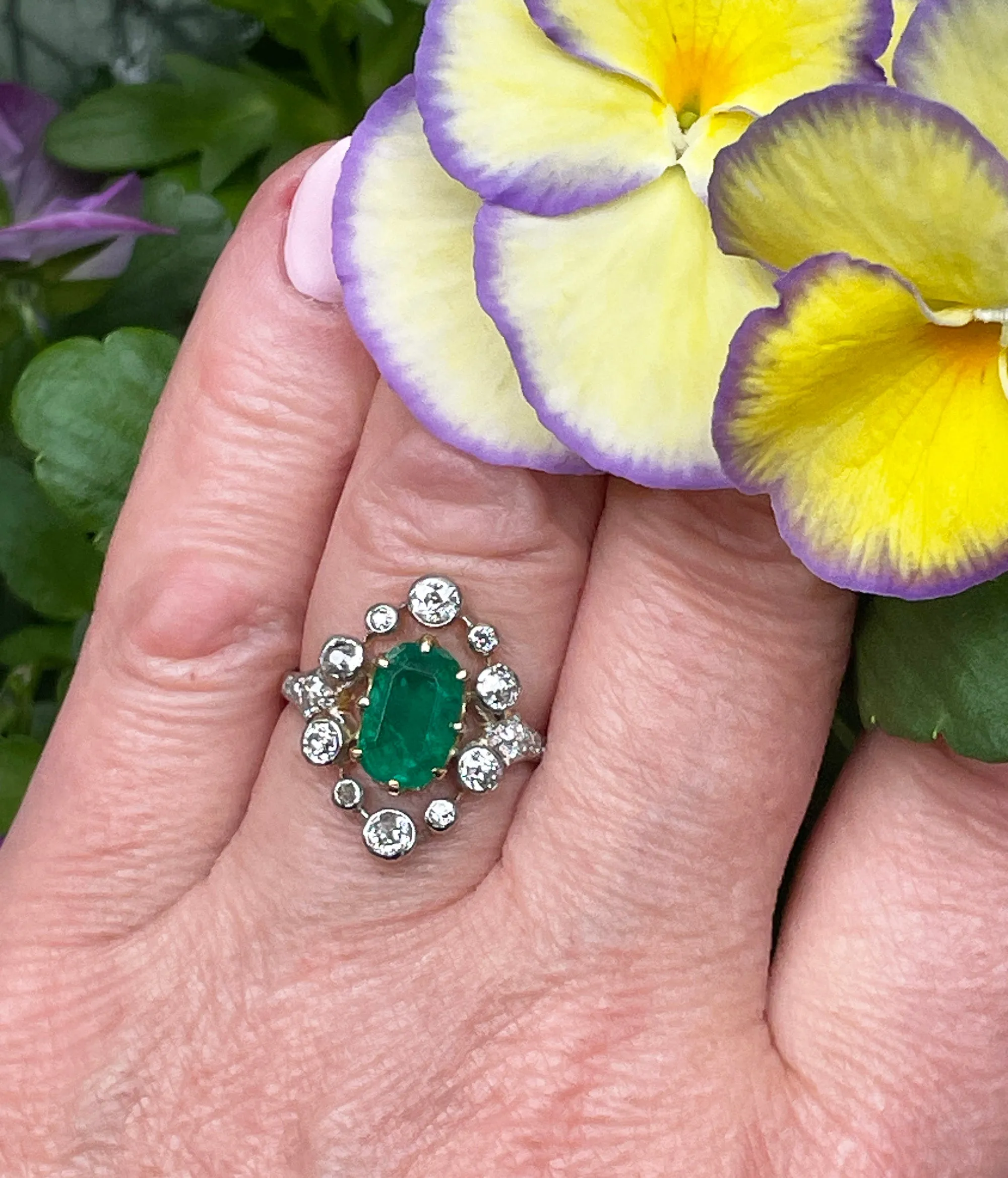 Fine Edwardian 3.28ctw GIA COLOMBIA Green Emerald and OLD European Cut Diamond 18K Platinum Ring