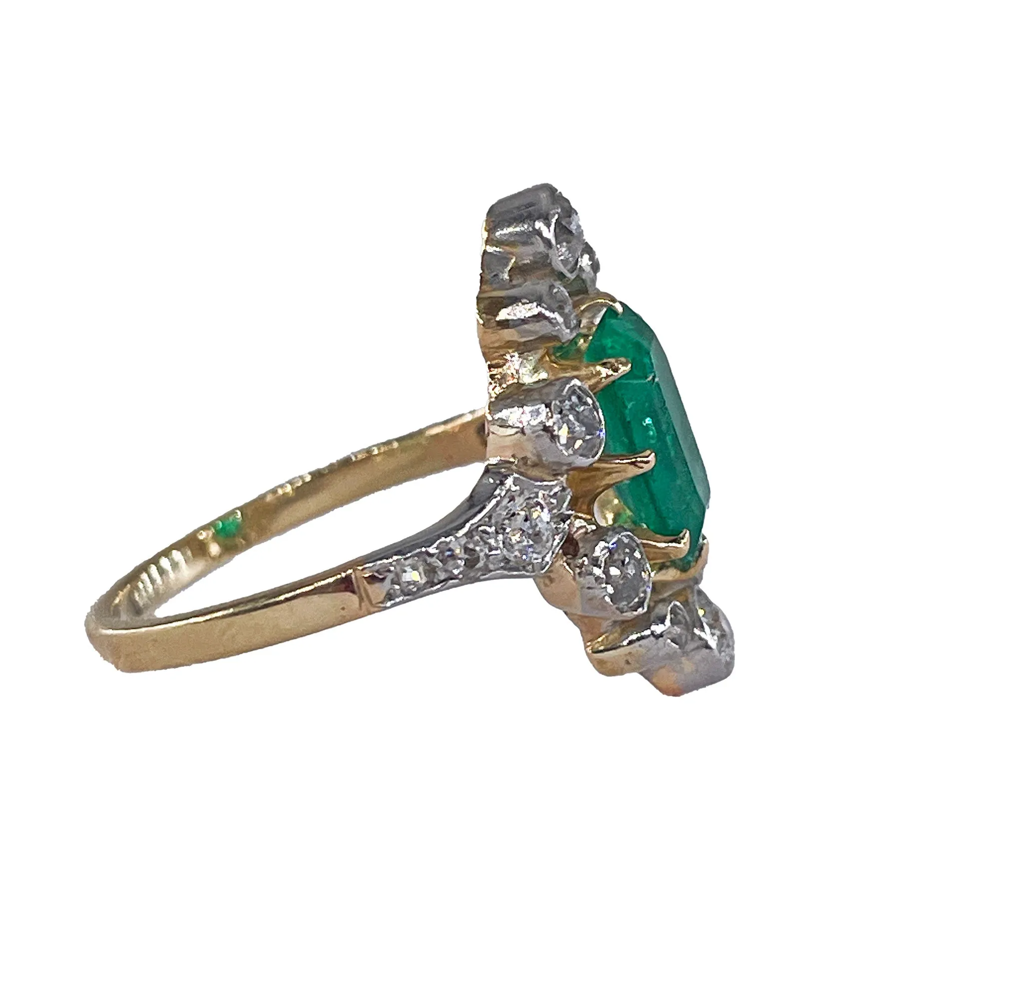 Fine Edwardian 3.28ctw GIA COLOMBIA Green Emerald and OLD European Cut Diamond 18K Platinum Ring