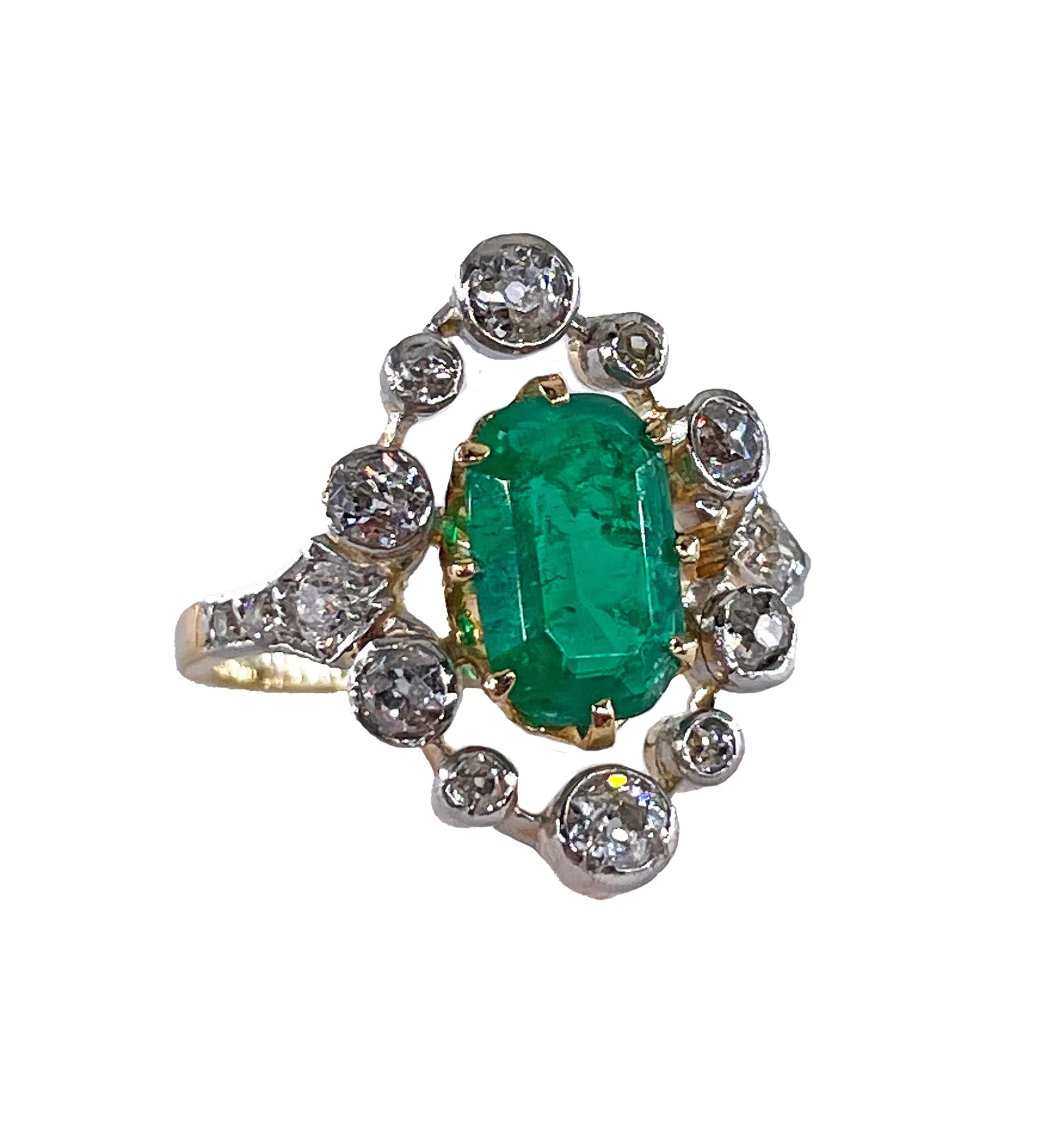 Fine Edwardian 3.28ctw GIA COLOMBIA Green Emerald and OLD European Cut Diamond 18K Platinum Ring