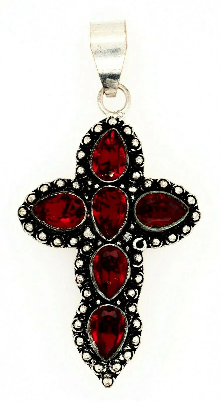 Garnet & 925 Sterling Silver Cross Pendant Fine Gemstone Jewellery