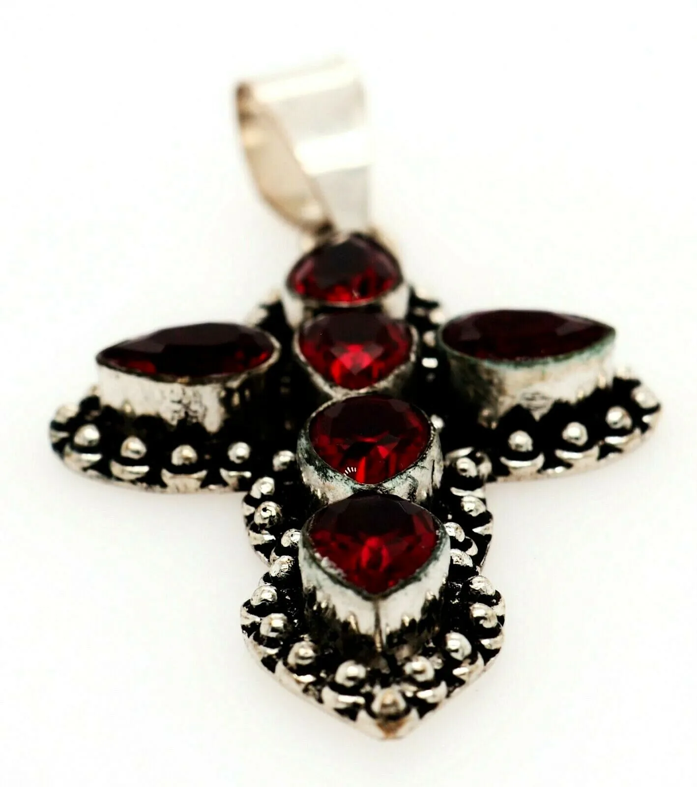 Garnet & 925 Sterling Silver Cross Pendant Fine Gemstone Jewellery