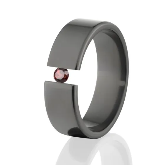 Garnet Stone, Black Zirconium Ring, Tension Ring