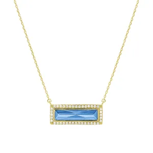 Gold Finish Sterling Silver Necklace with Rectangular Simulated Blue Topaz Stone and Simulated Diamonds on 16" - 18" Chain