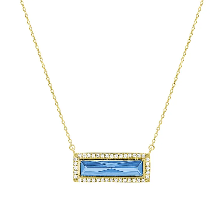 Gold Finish Sterling Silver Necklace with Rectangular Simulated Blue Topaz Stone and Simulated Diamonds on 16" - 18" Chain