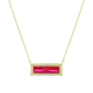 Gold Finish Sterling Silver Necklace with Rectangular Simulated Ruby Stone and Simulated Diamonds on 16" - 18" Chain