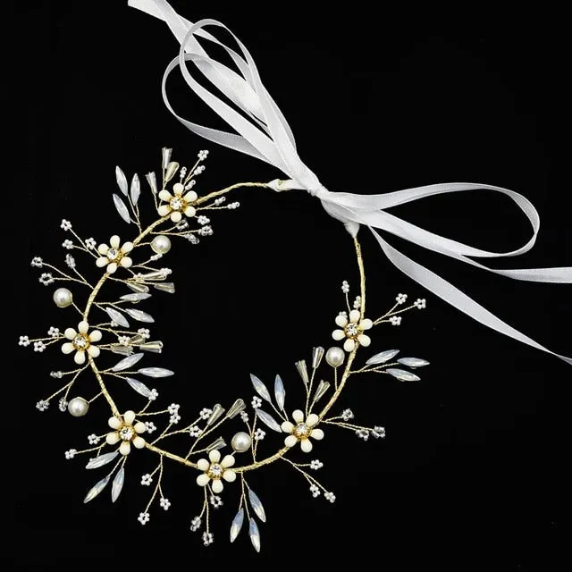 Gold Flower Pearl Headband Tiara Wedding Bridal Princess Headband Bridal Accessories