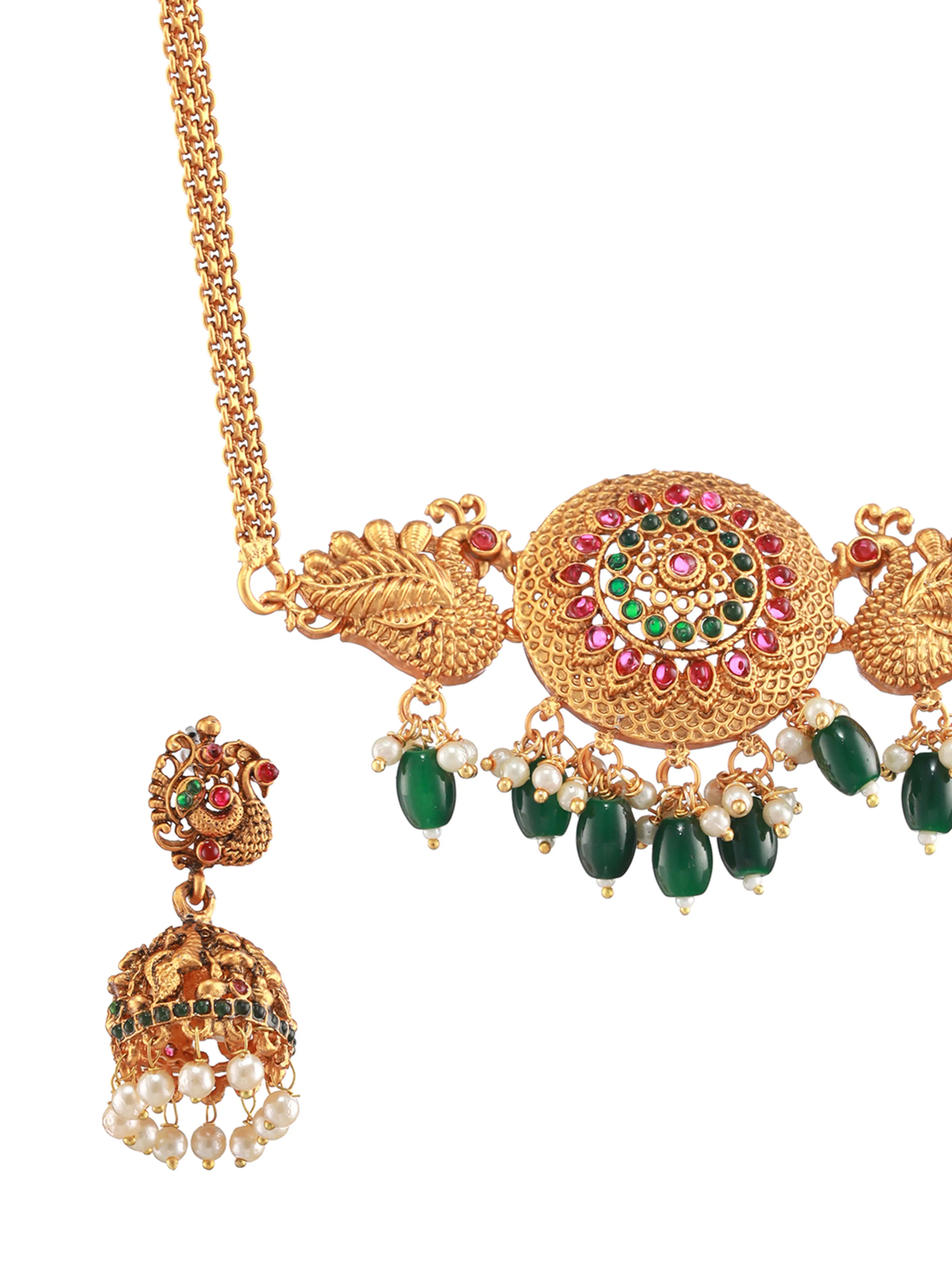 Gold-Plated Pink & Green Stone-Studded & Beaded Handcrafted, Peacock Motif Temple Choker Set