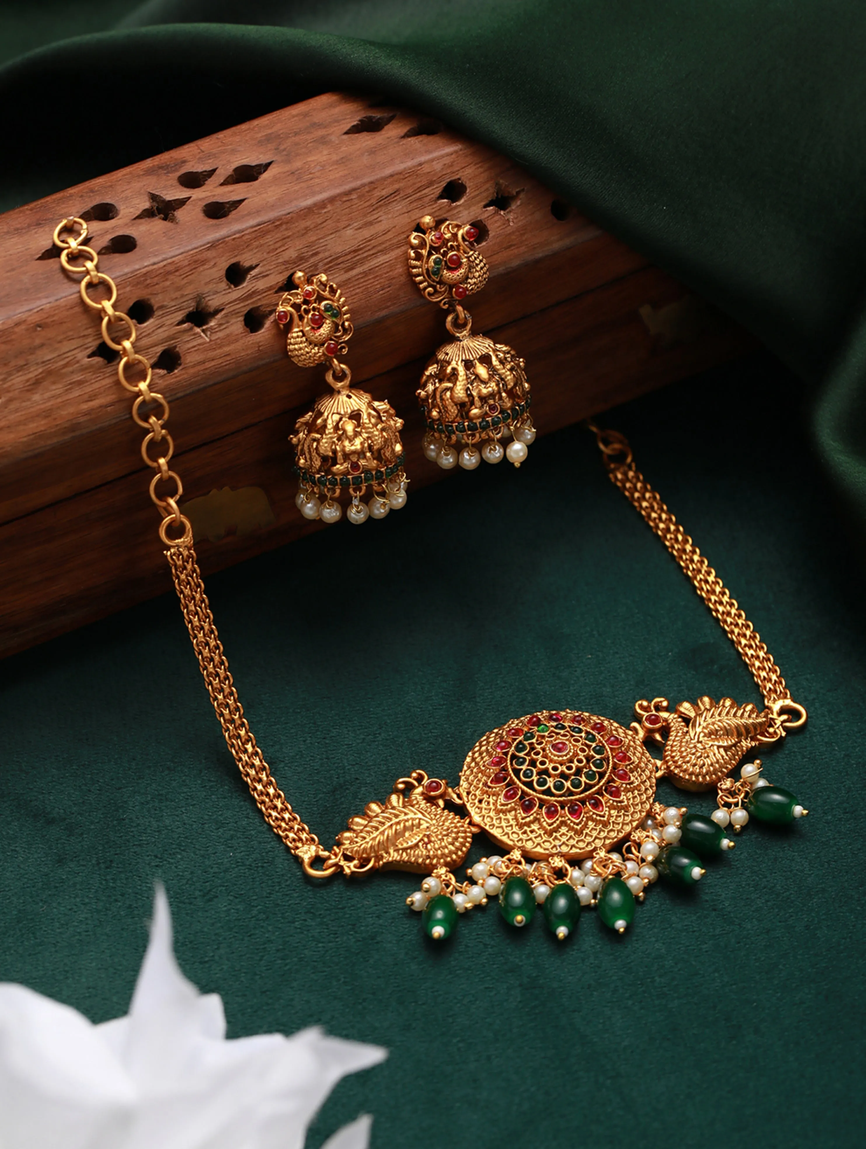 Gold-Plated Pink & Green Stone-Studded & Beaded Handcrafted, Peacock Motif Temple Choker Set