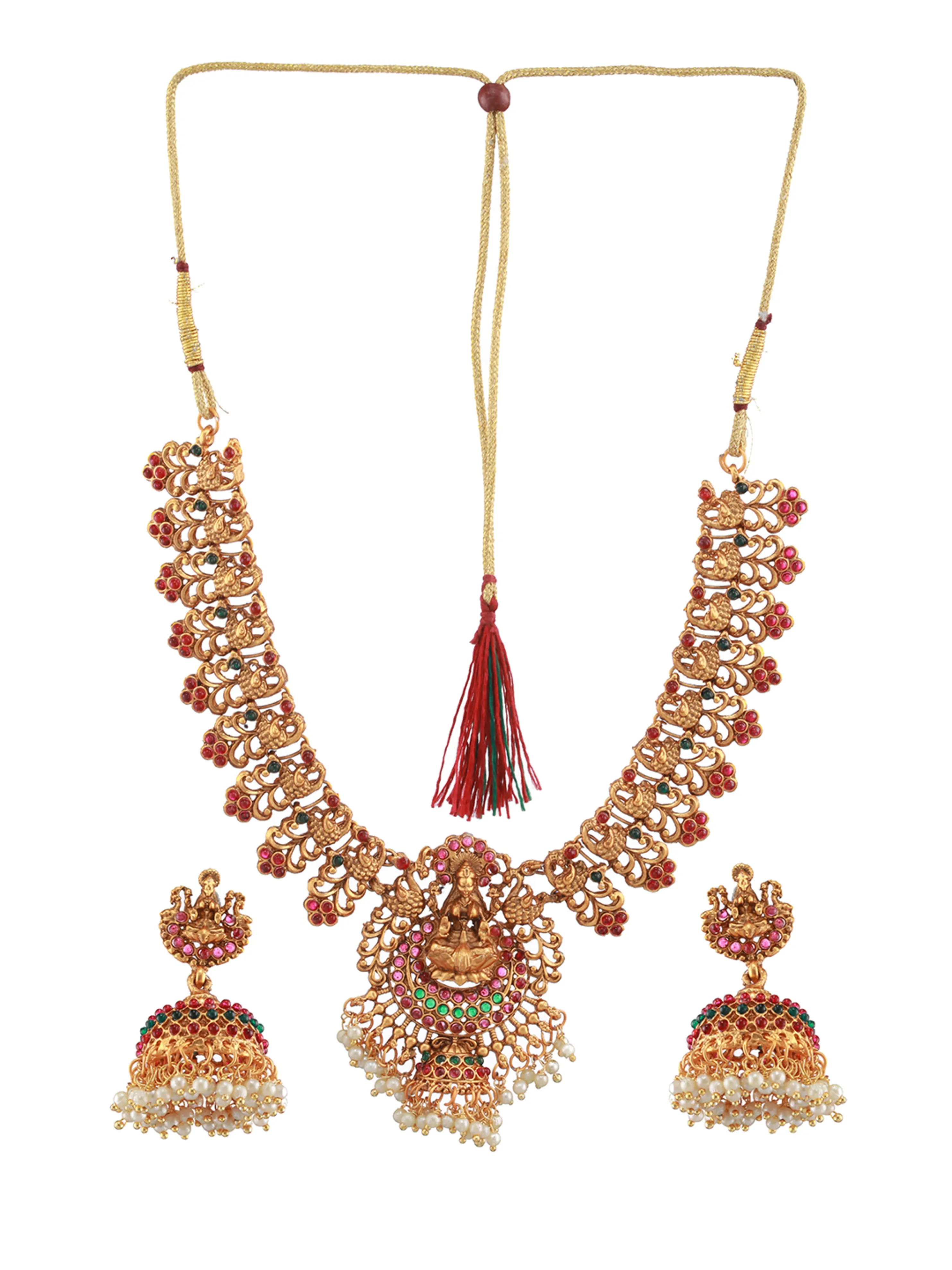 Gold-Plated Red & Green Stone-Studded & Pearl Beaded Lakshmi Temple Jewellery Set