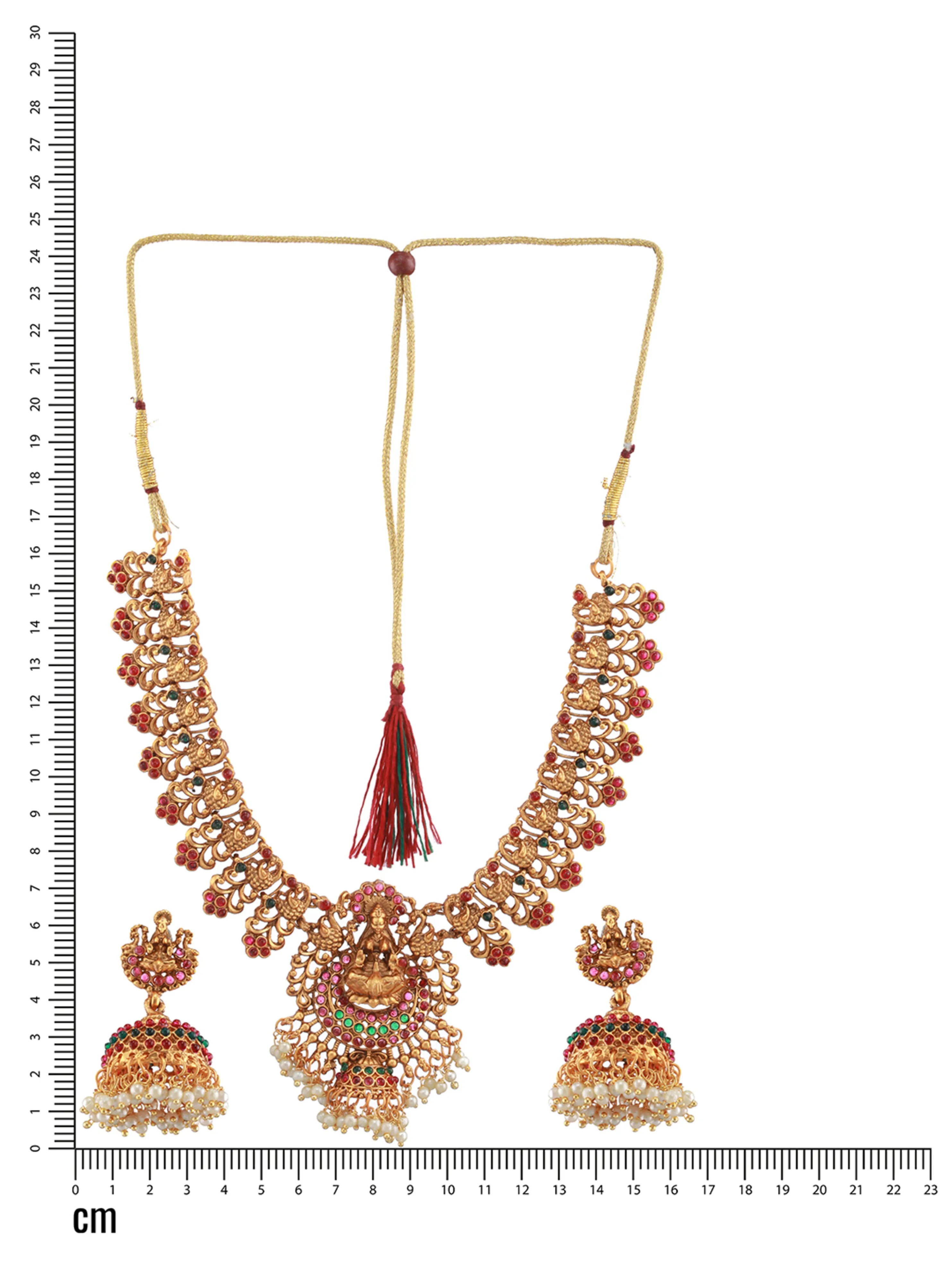 Gold-Plated Red & Green Stone-Studded & Pearl Beaded Lakshmi Temple Jewellery Set