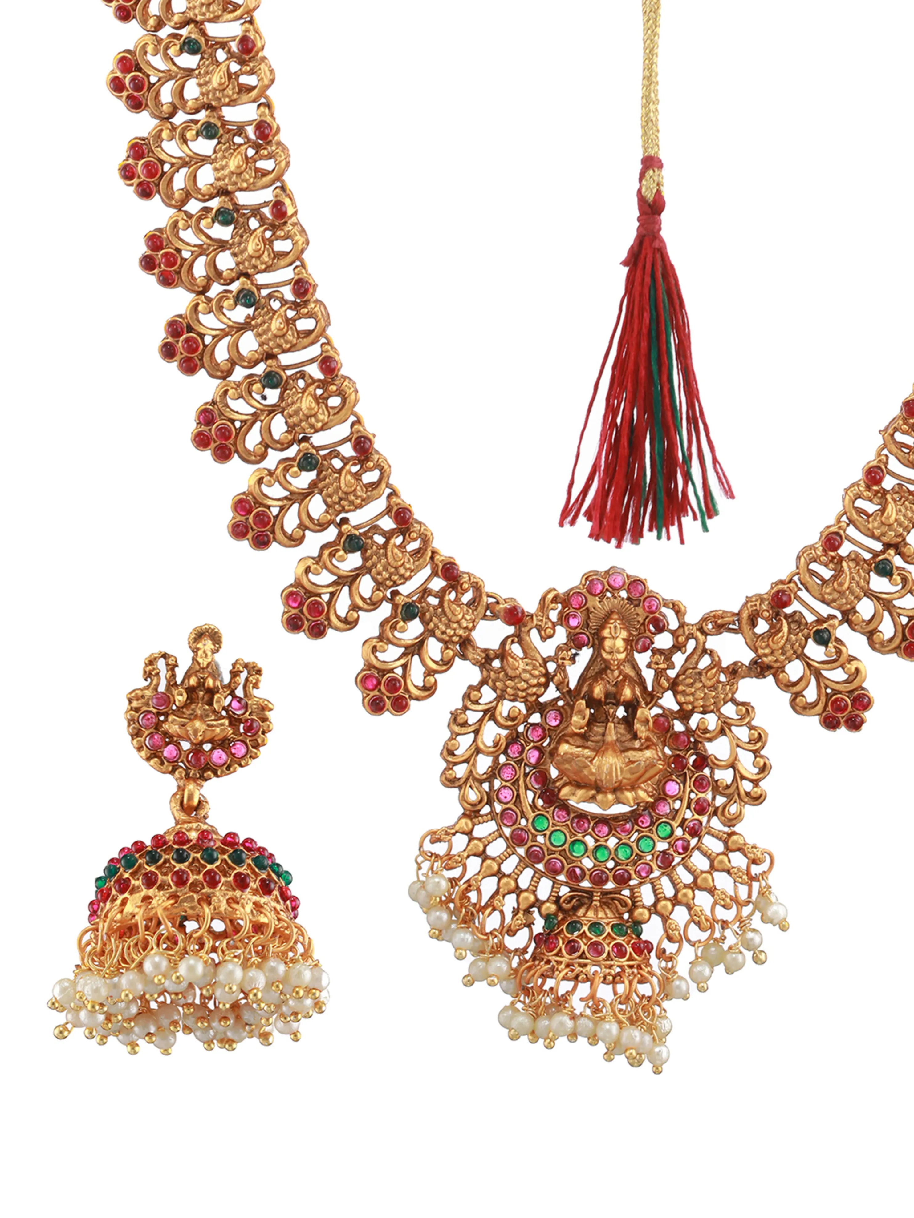 Gold-Plated Red & Green Stone-Studded & Pearl Beaded Lakshmi Temple Jewellery Set