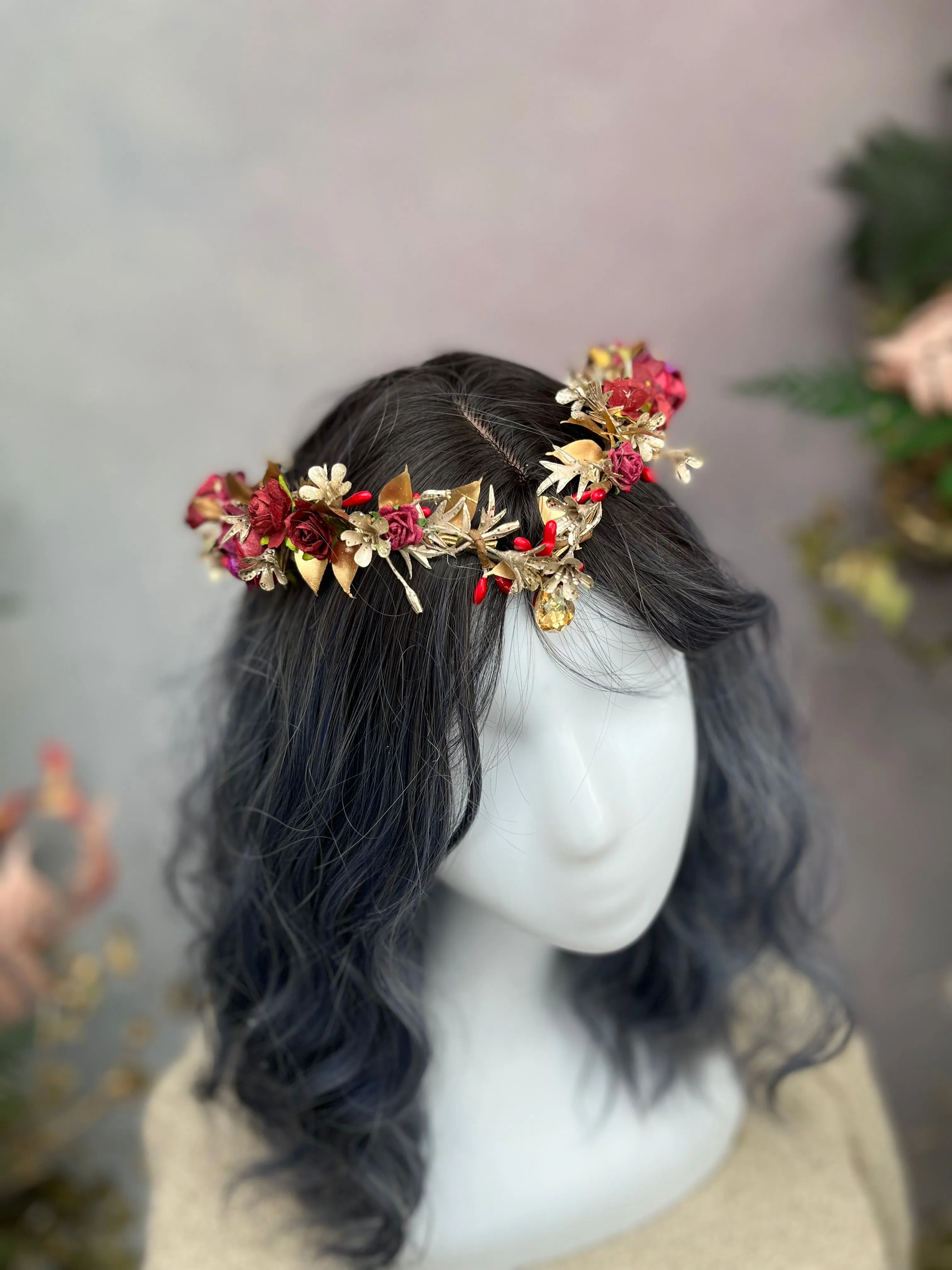 Golden and burgundy elven flower tiara