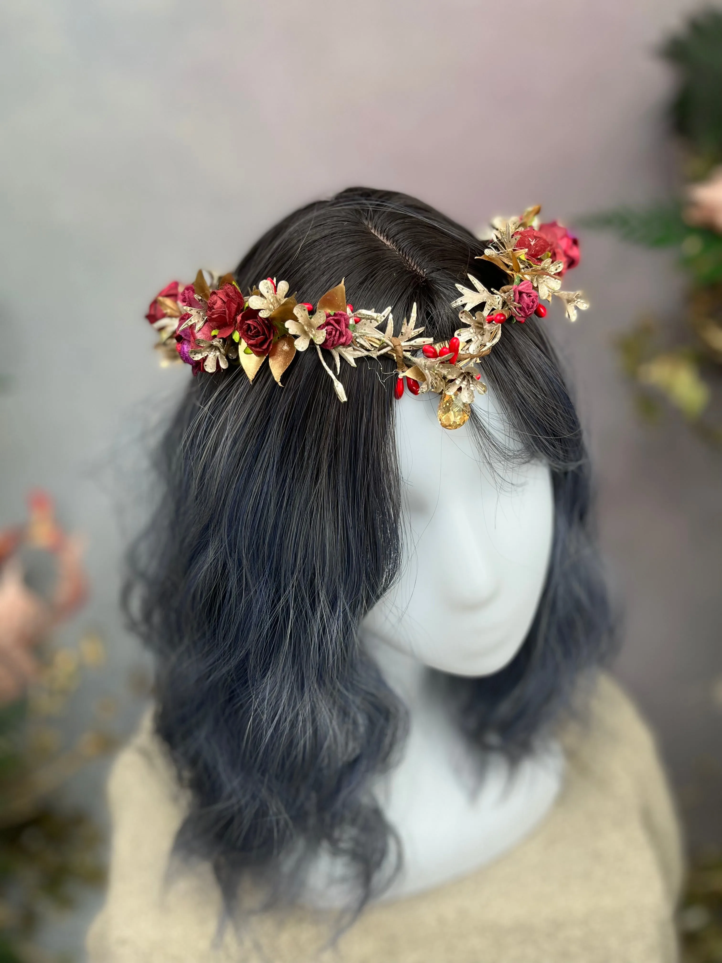 Golden and burgundy elven flower tiara