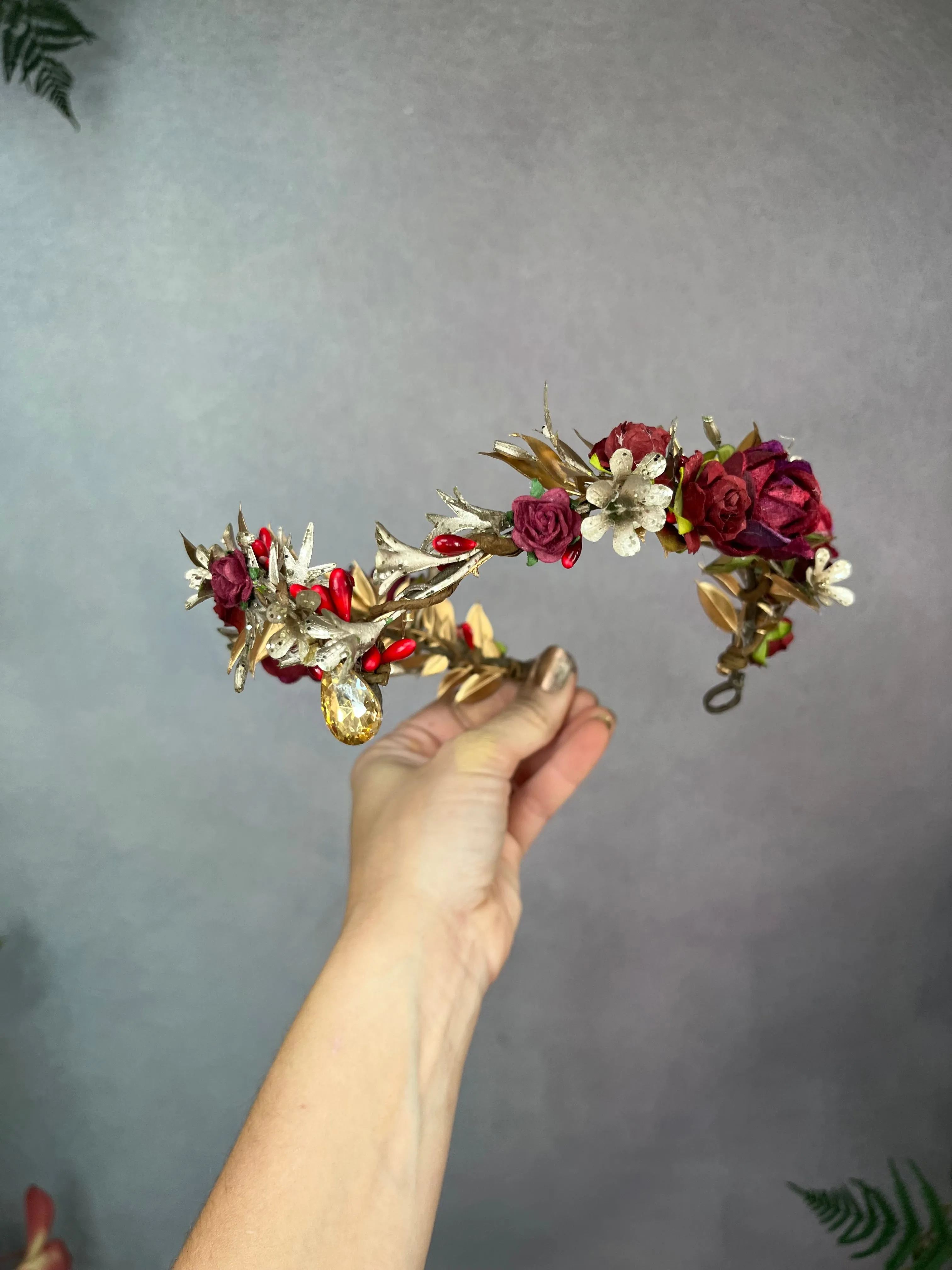 Golden and burgundy elven flower tiara