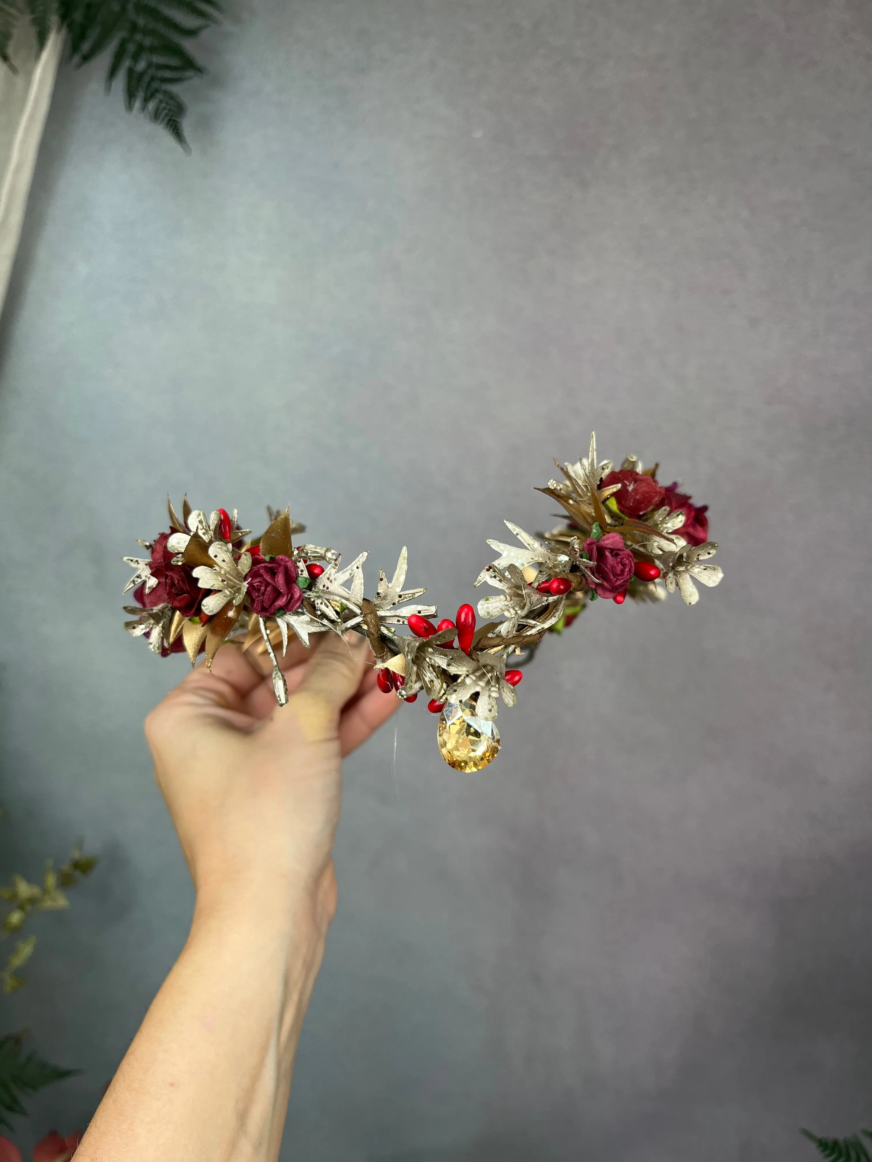 Golden and burgundy elven flower tiara