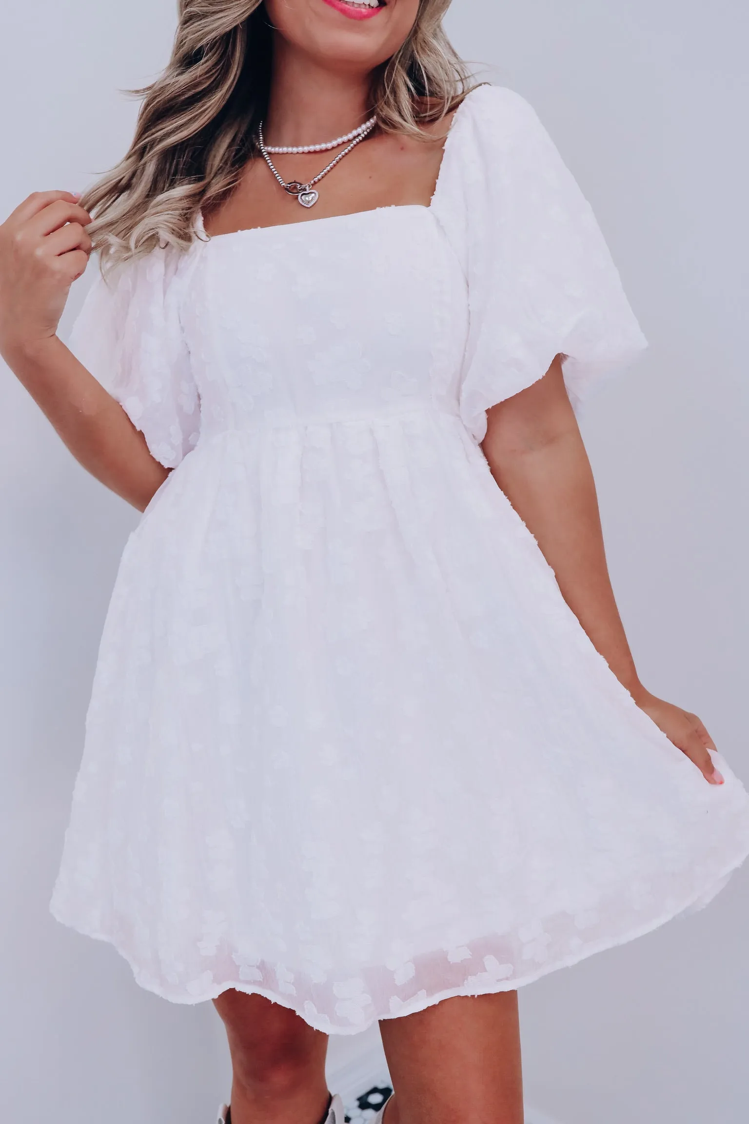 Grace Floral Embossed Puff Sleeve Dress - White