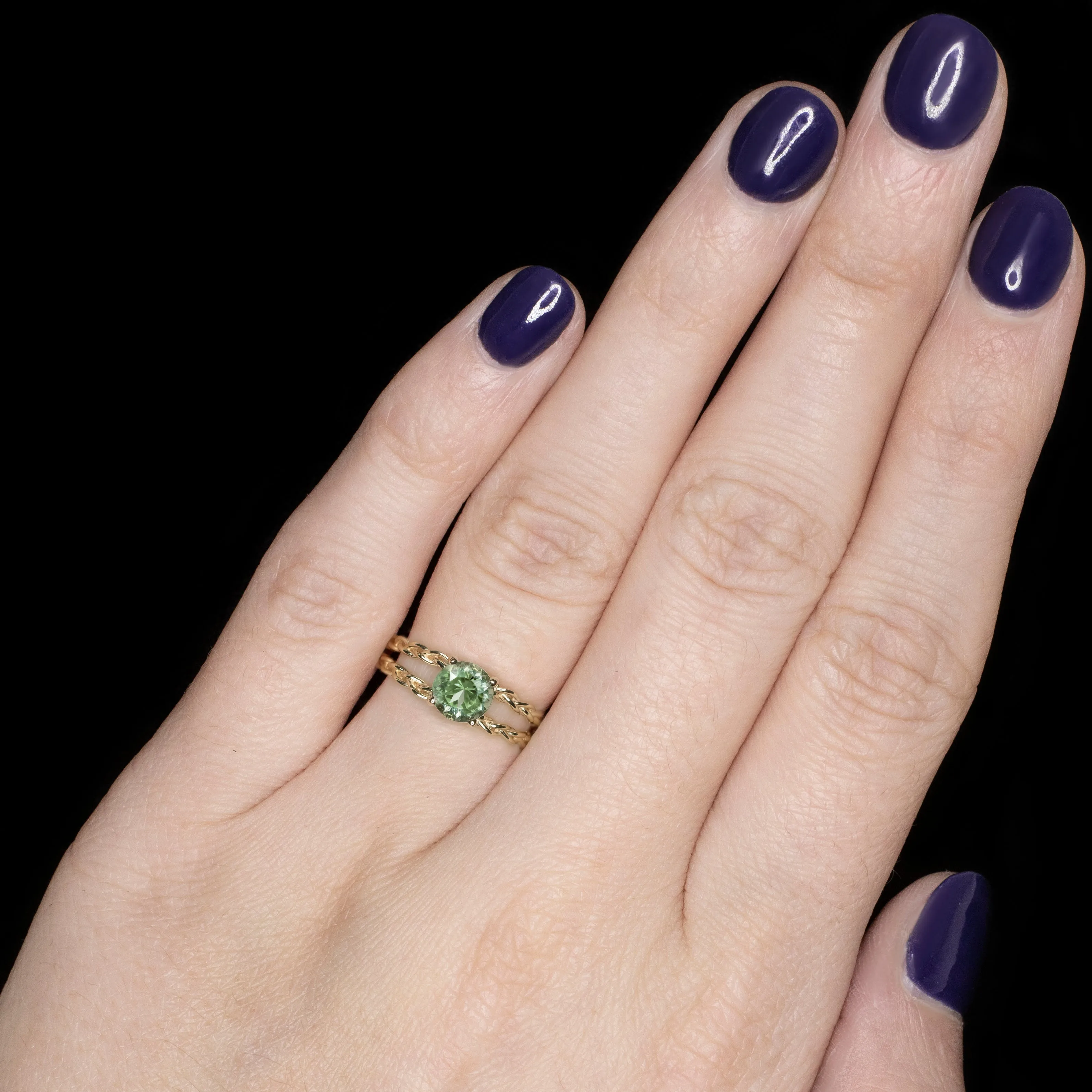 GREEN TOURMALINE 14K YELLOW GOLD RING EXCELLENT CUT BRAID SPLIT SHANK COCKTAIL