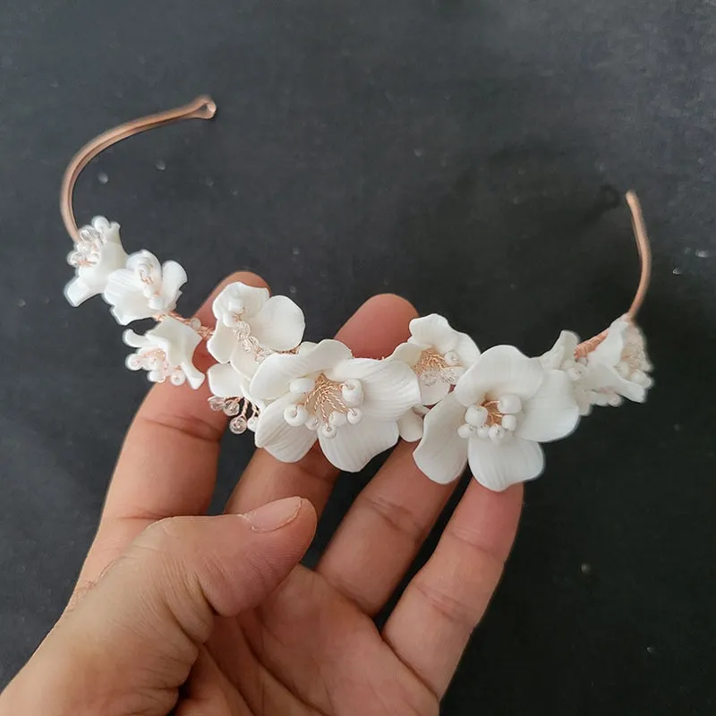 Handmade Luxury Rhinestones Pearls Ceramic Flower Bridal Tiara Headband Wedding Crown