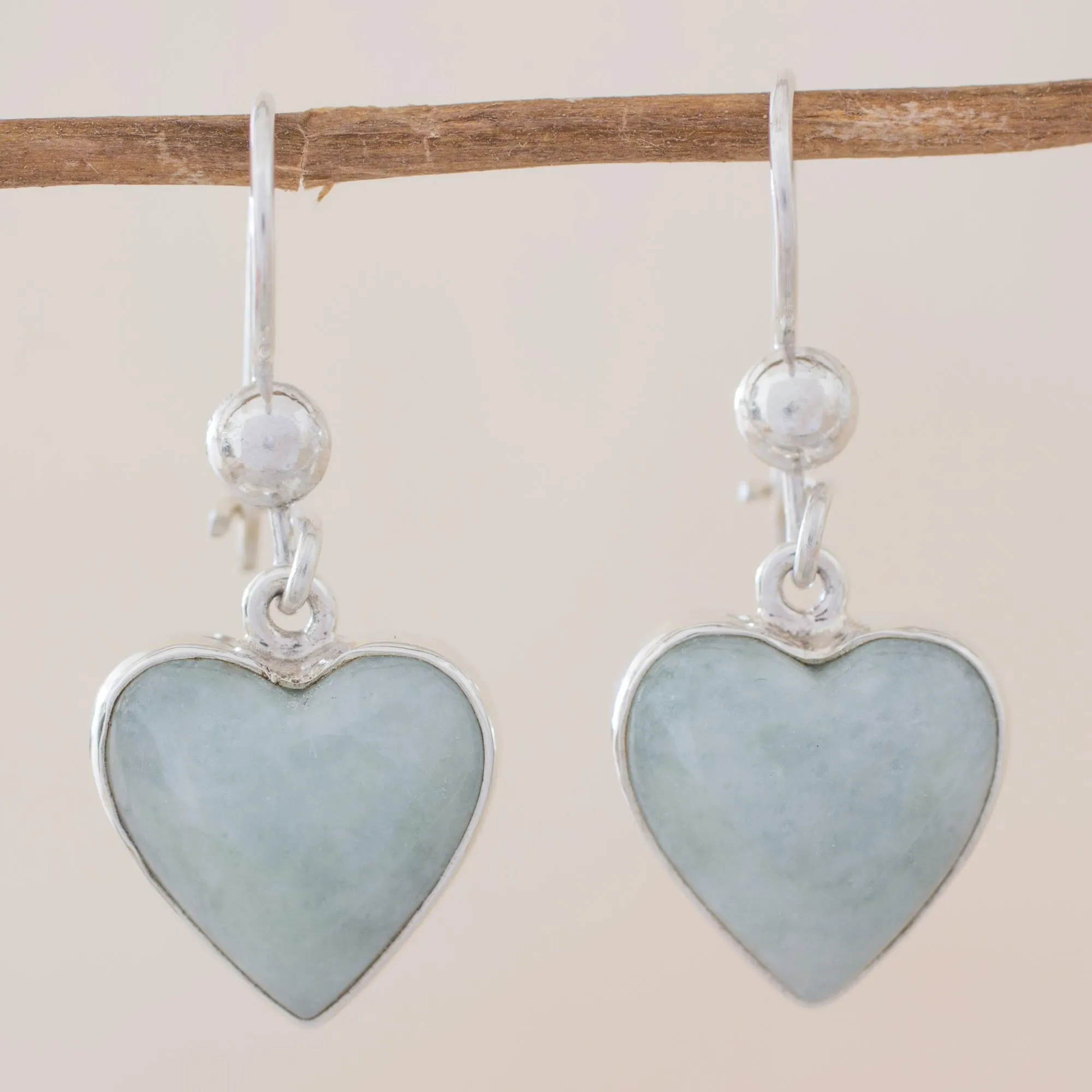 Innocent Heart Sterling Silver Heart Earrings with Light Green Jade