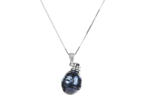 Irregular Dark Blue Freshwater Pearl Pendant and Sterling Silver (925) Chain Necklace 12mm