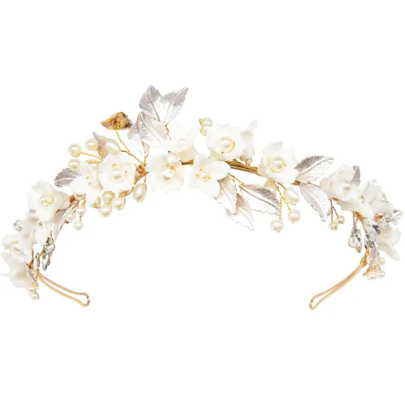 Jacinda Crystal and Pearl Flower Headband Tiara Available in Gold, Rose Gold & Silver