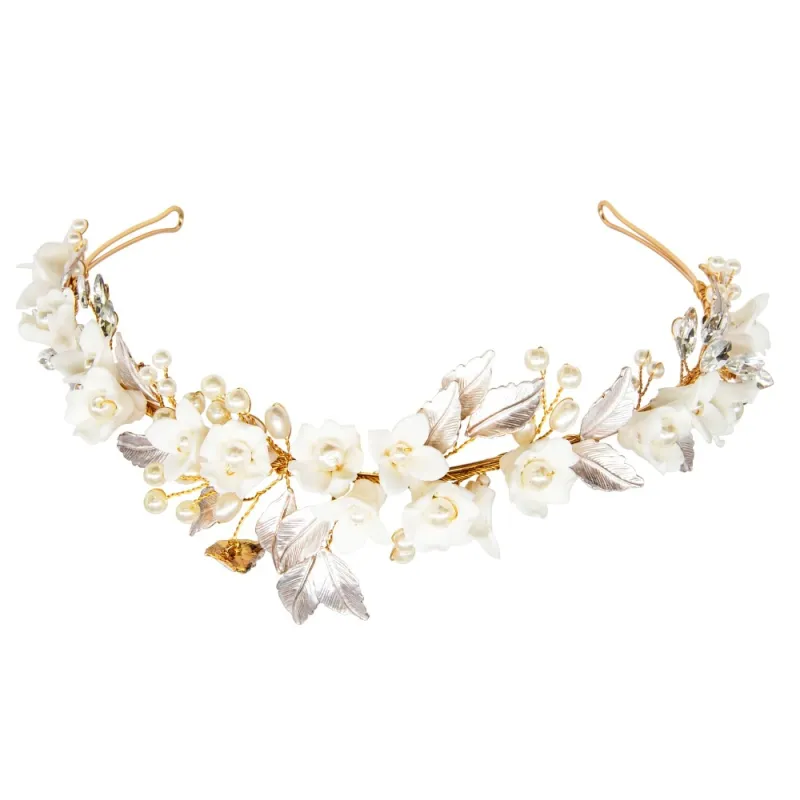 Jacinda Crystal and Pearl Flower Headband Tiara Available in Gold, Rose Gold & Silver