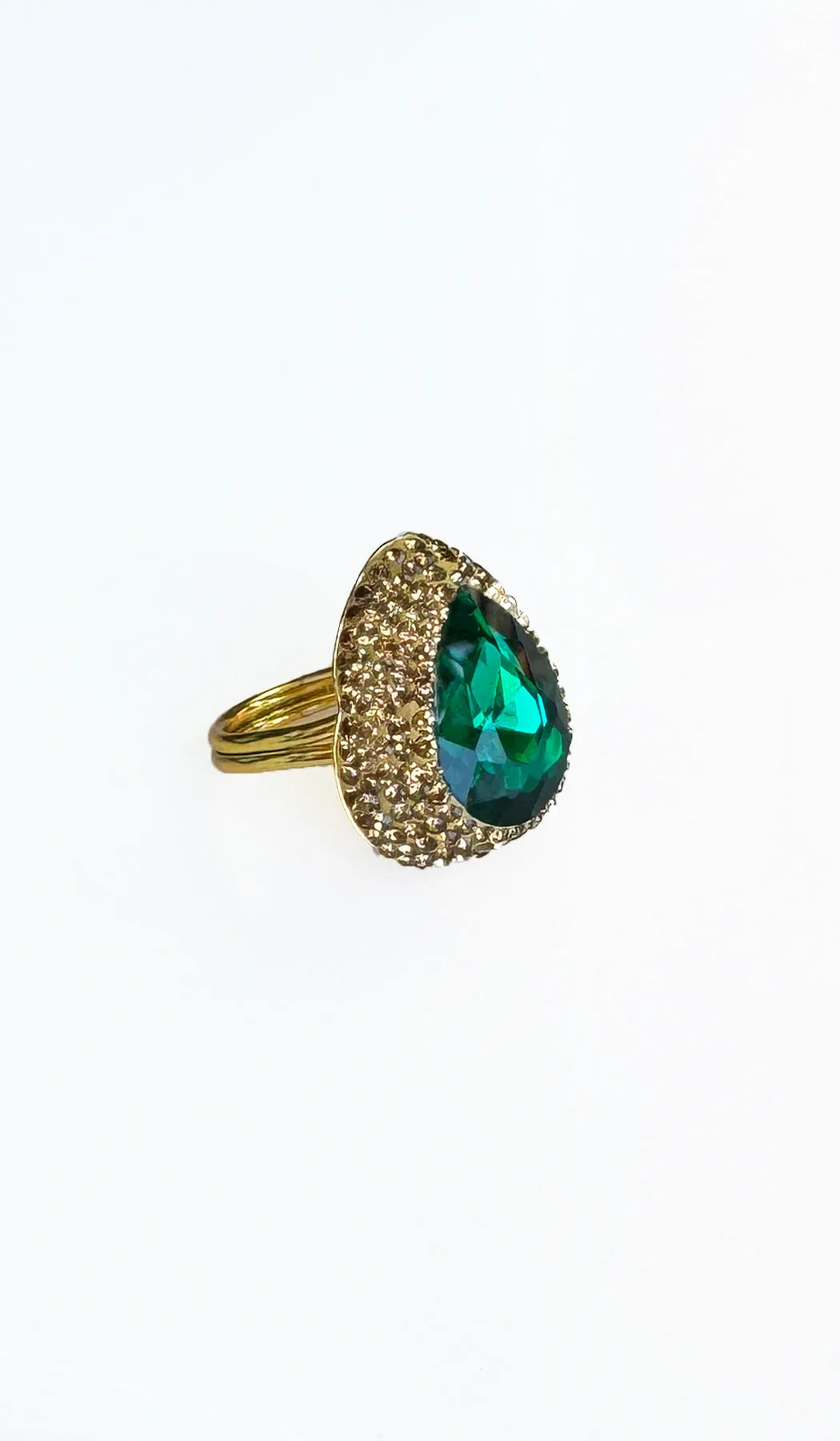 Jeweled Green and Champagne Crystal Teardrop Cocktail Ring