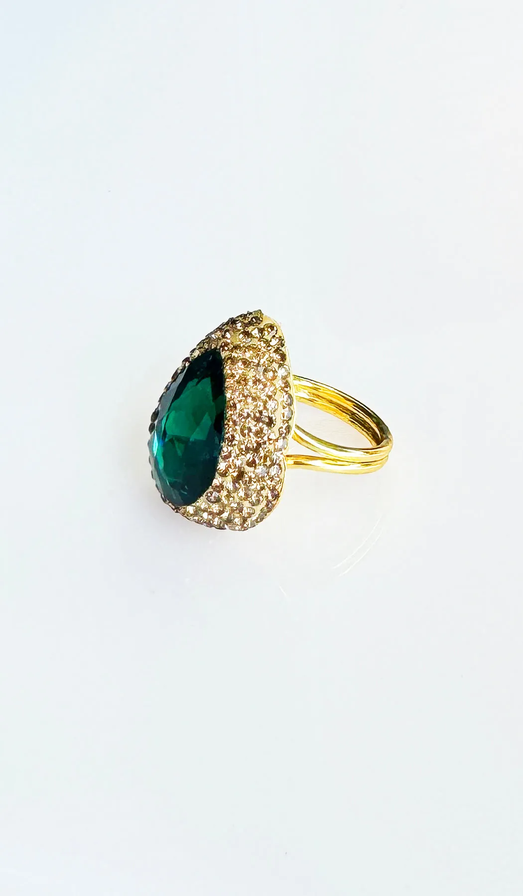 Jeweled Green and Champagne Crystal Teardrop Cocktail Ring