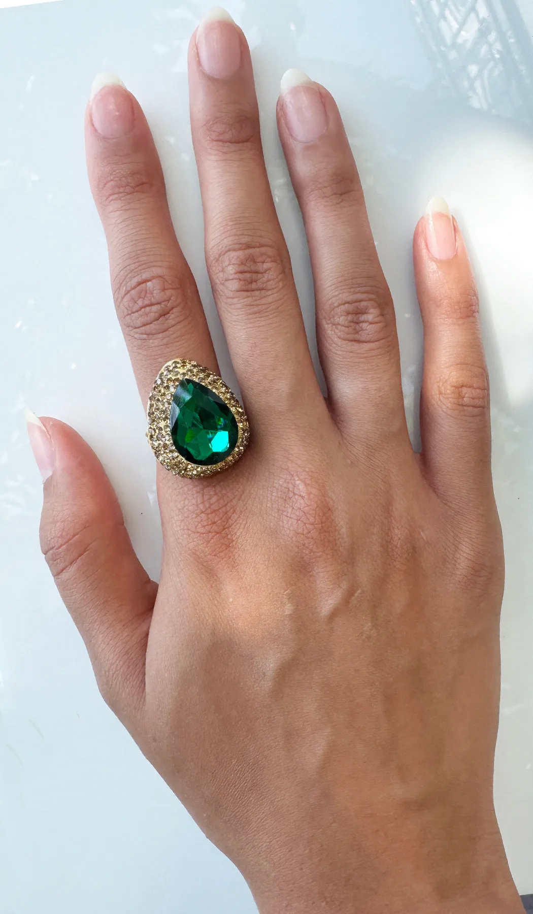 Jeweled Green and Champagne Crystal Teardrop Cocktail Ring