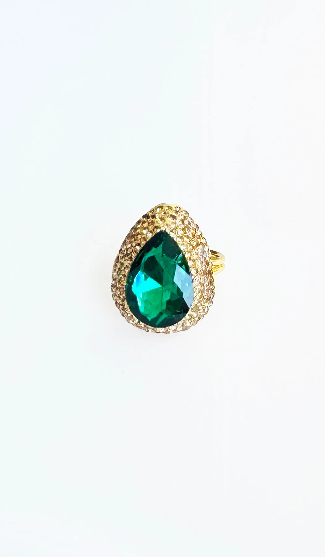 Jeweled Green and Champagne Crystal Teardrop Cocktail Ring