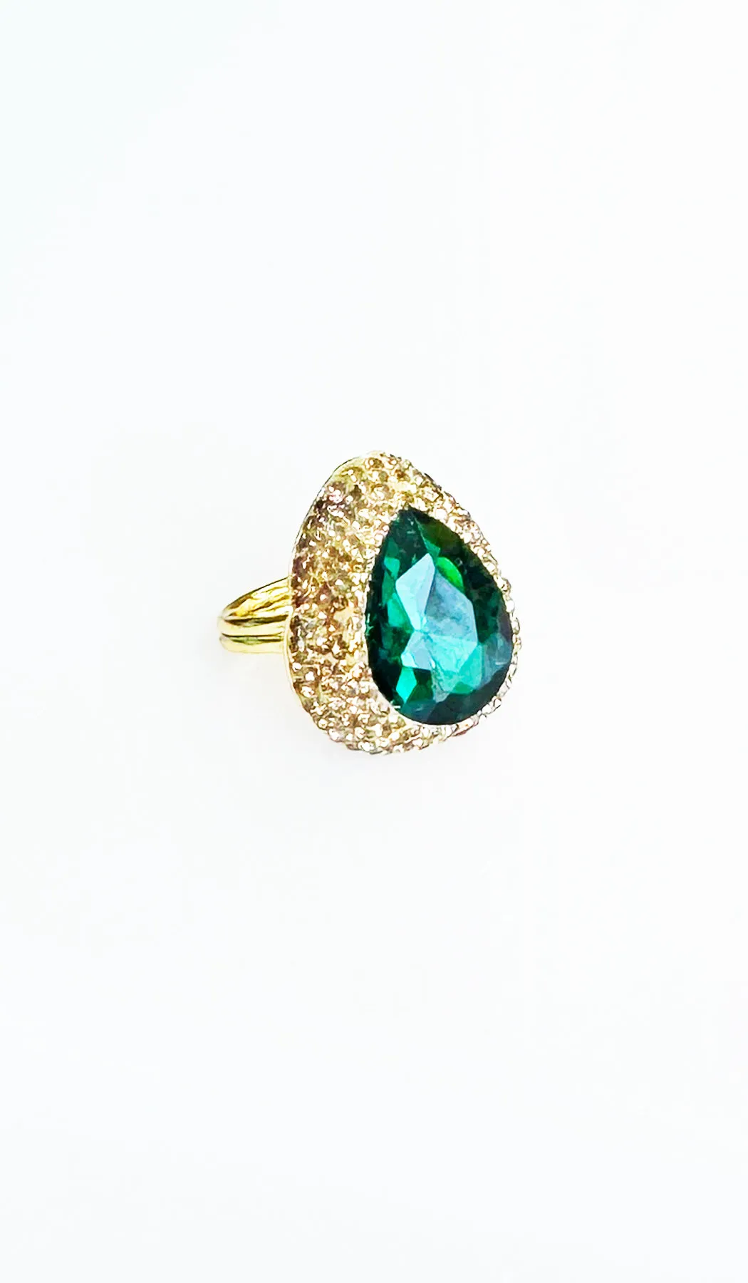 Jeweled Green and Champagne Crystal Teardrop Cocktail Ring