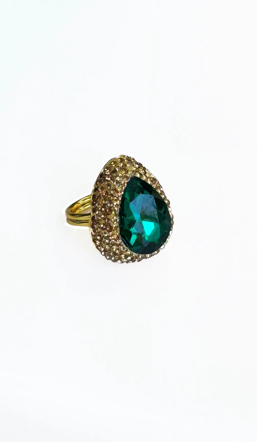 Jeweled Green and Champagne Crystal Teardrop Cocktail Ring