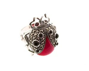 Ladybug Ring Silver Marcasite Coral Black Onyx Ladybird