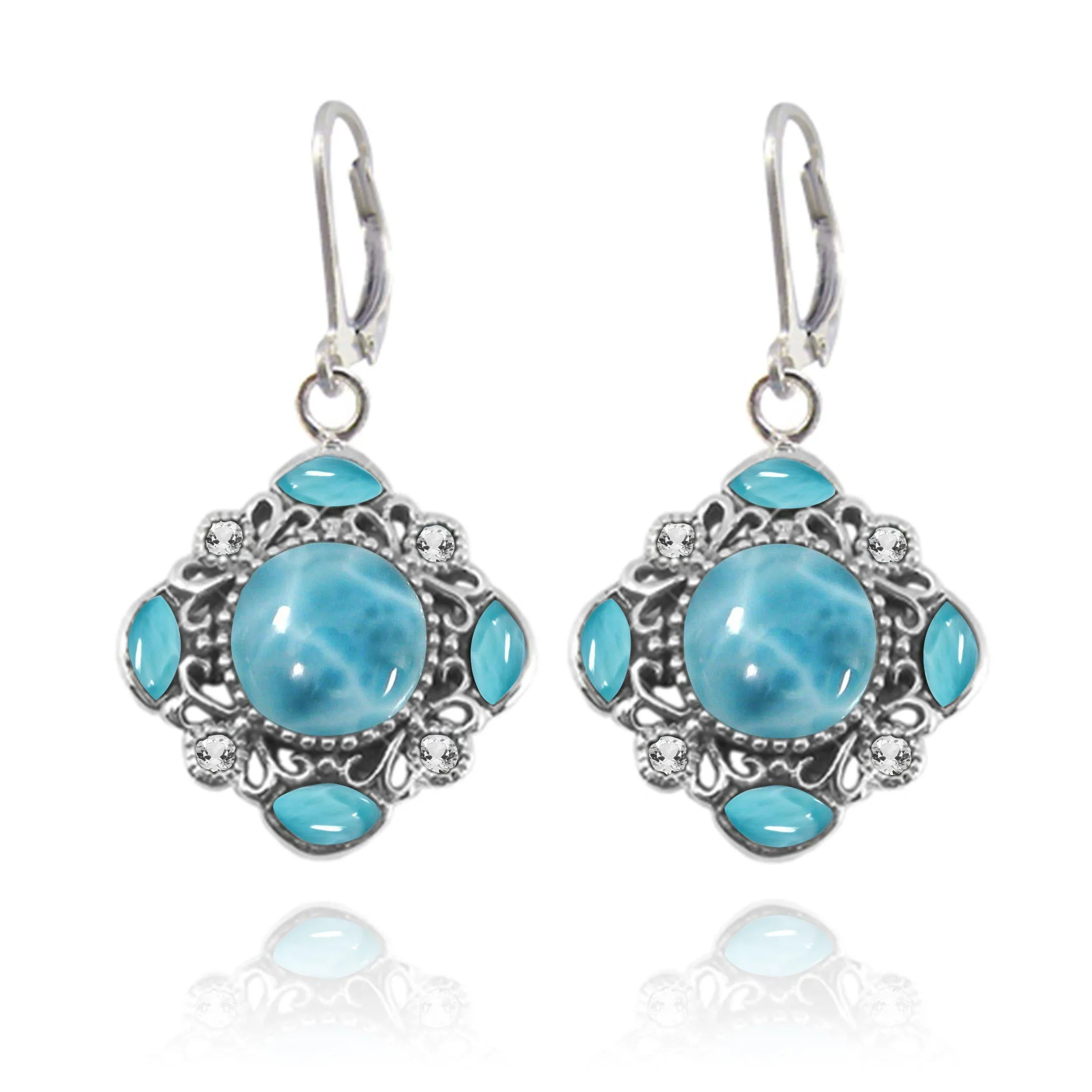 Larimar Earrings with 4  White Topaz Stones