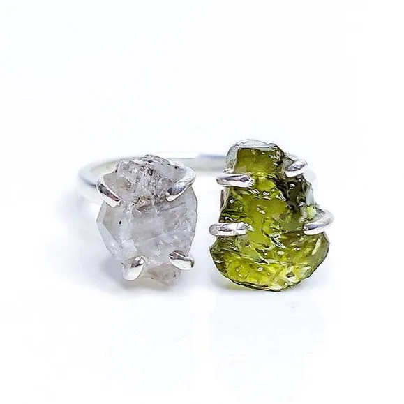 Moldavite & Herkimer Diamond Ring