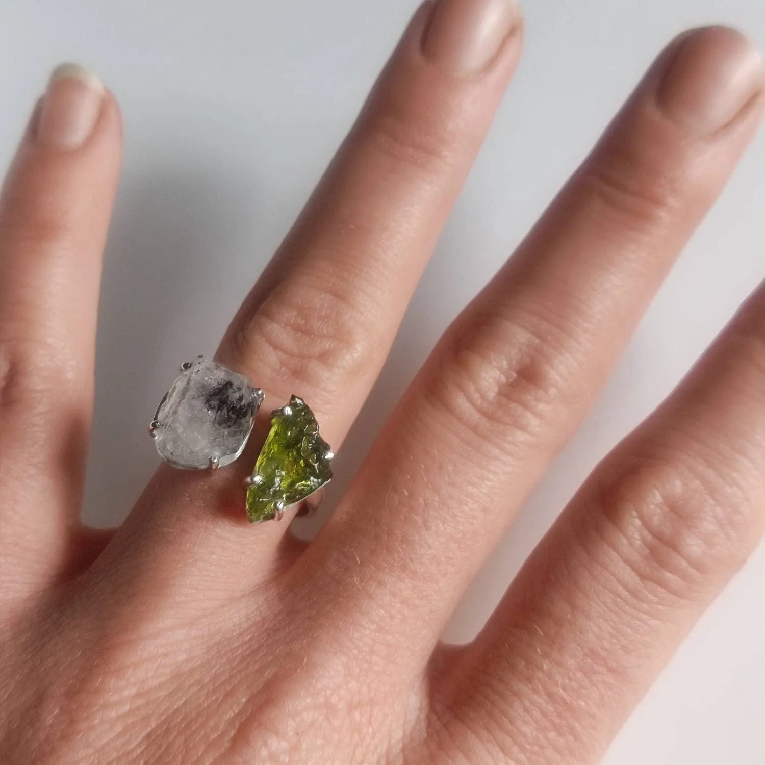 Moldavite & Herkimer Diamond Ring