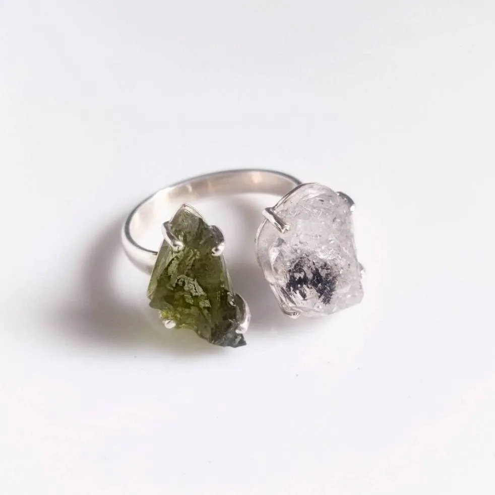 Moldavite & Herkimer Diamond Ring