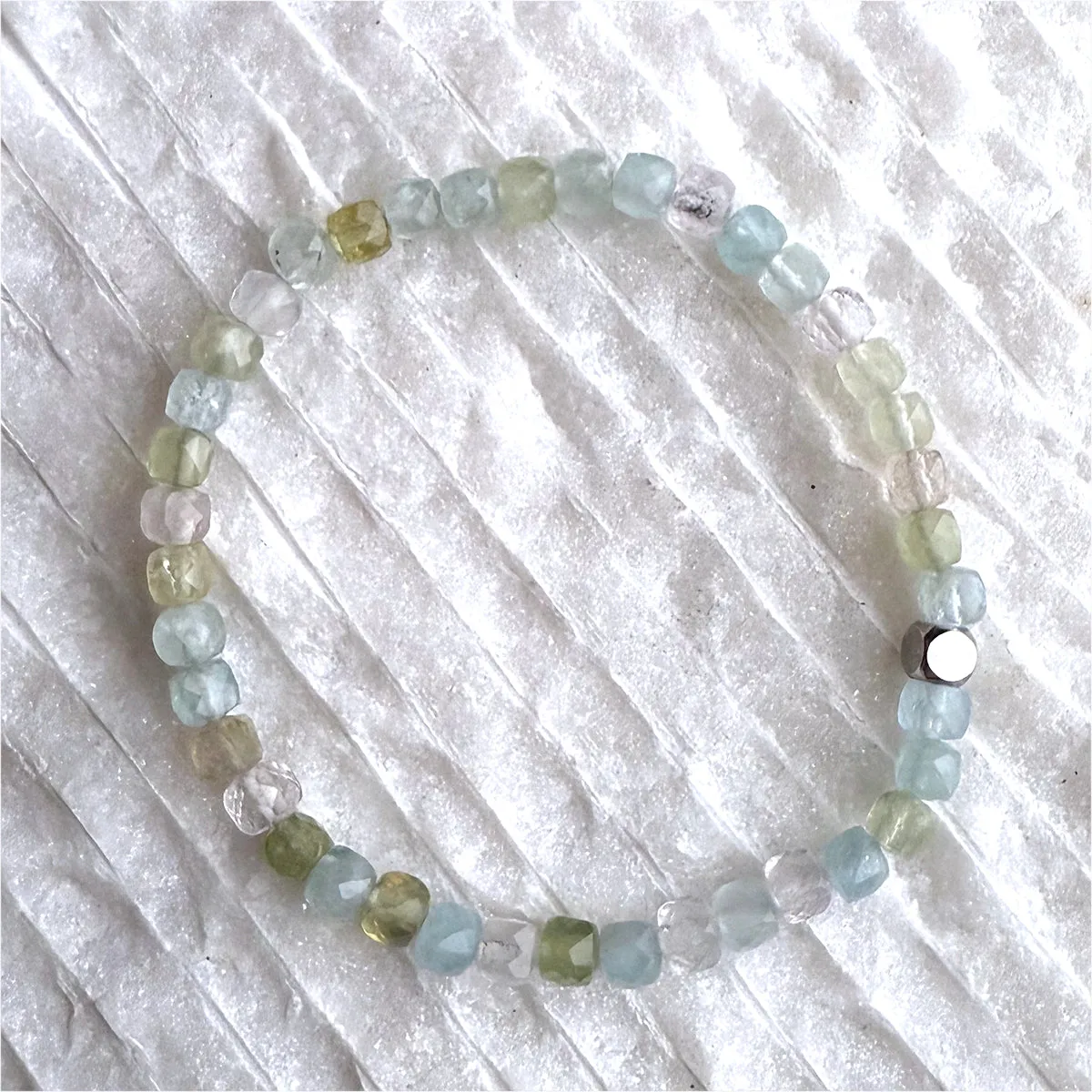 Multi-Aquamarine Blue Green Yellow Pink Morganite Cube Beads Gemstones Crystals Boho Hippie Design - Stretch Bracelet Handmade Jewelry